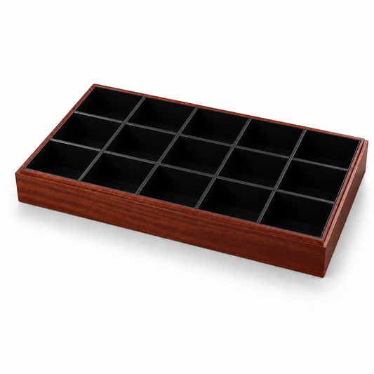 bracelet display and watch display - 15 Black Wooden Wood Watch Bracelet Display Tray T025C15-BK front view