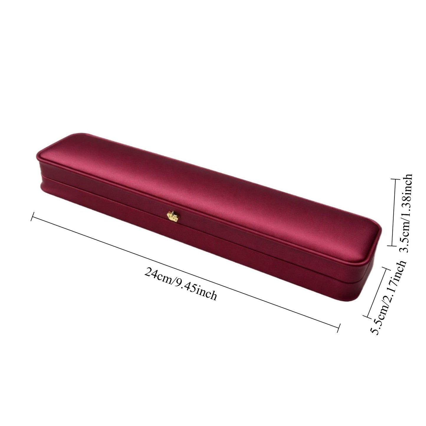 Open burgundy long bracelet presentation box with a light cushioned interior and gold-tone lid ornament.