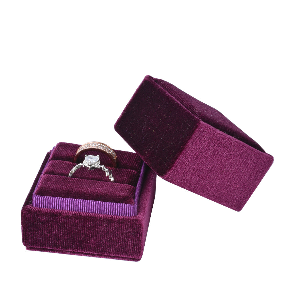 Burgundy Square Double Velvet Ring Box, product view 1