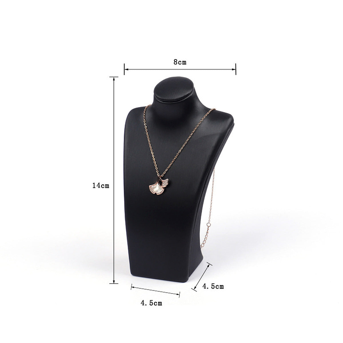 Black brushed PU leather necklace display bust, 8 cm shoulder x 14 cm high - CND047