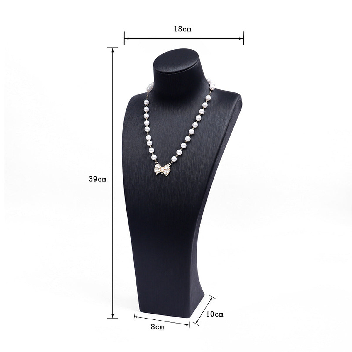 Black brushed PU leather necklace display bust, 18 cm shoulder x 39 cm high - CND050