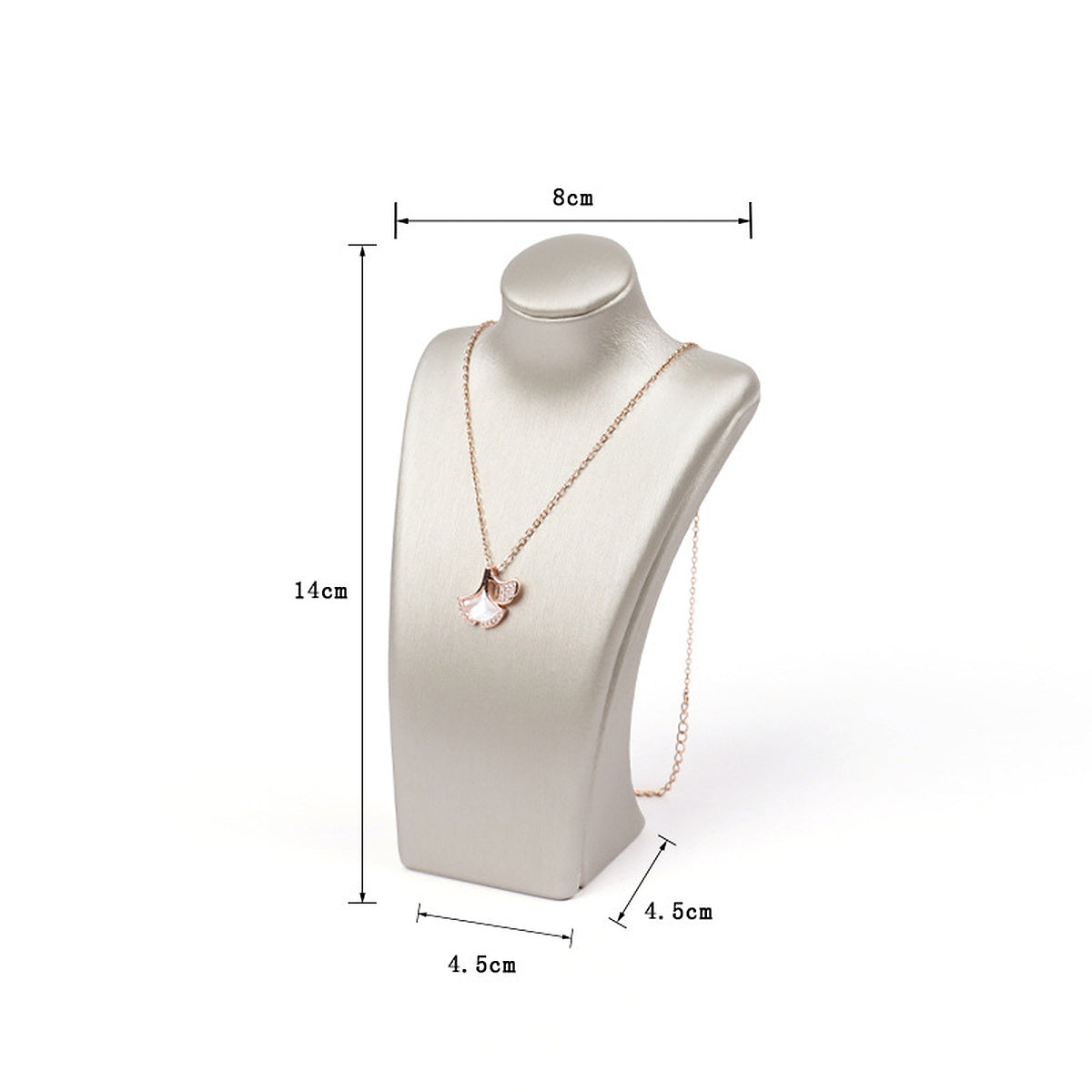 Silver brushed PU leather necklace display bust, 8 cm shoulder x 14 cm high - CND056