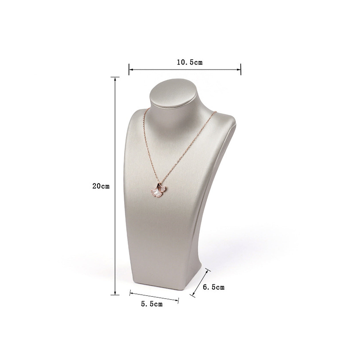 Silver brushed PU leather necklace display bust, 10.5 cm shoulder x 20 cm high - CND057