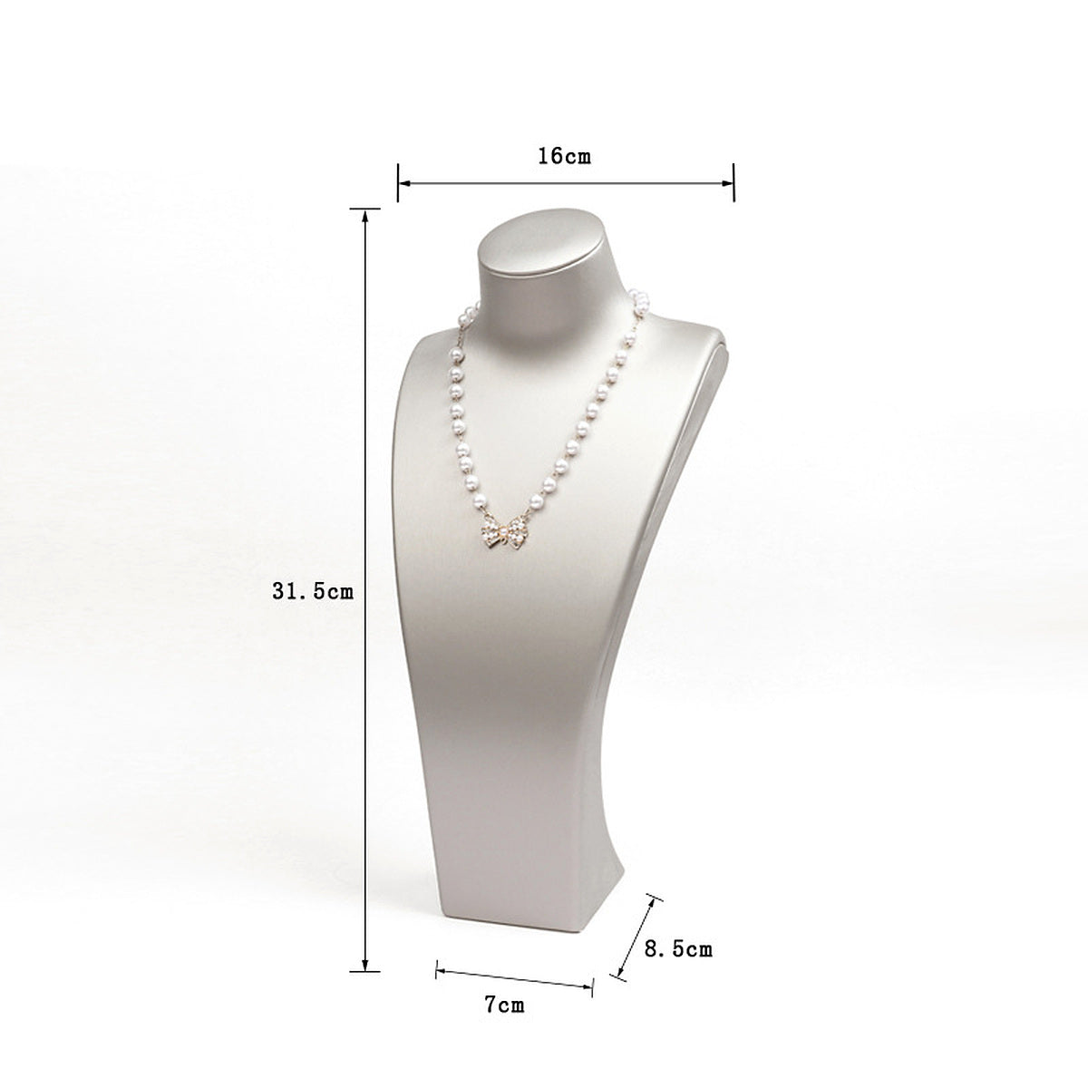 Silver brushed PU leather necklace display bust, 16 cm shoulder x 31.5 cm high - CND059