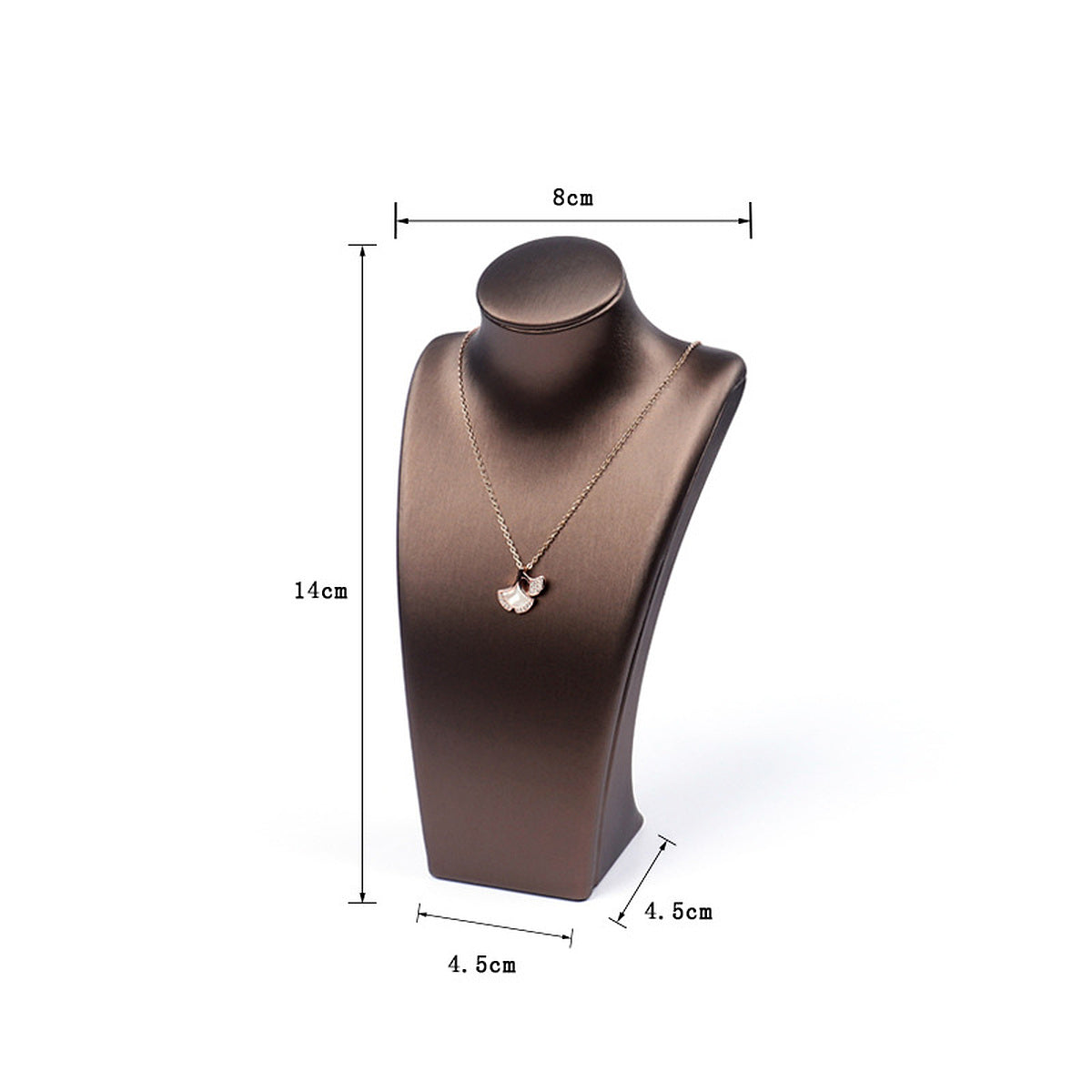 Coffee brushed PU leather necklace display bust, 8 cm shoulder x 14 cm high - CND061