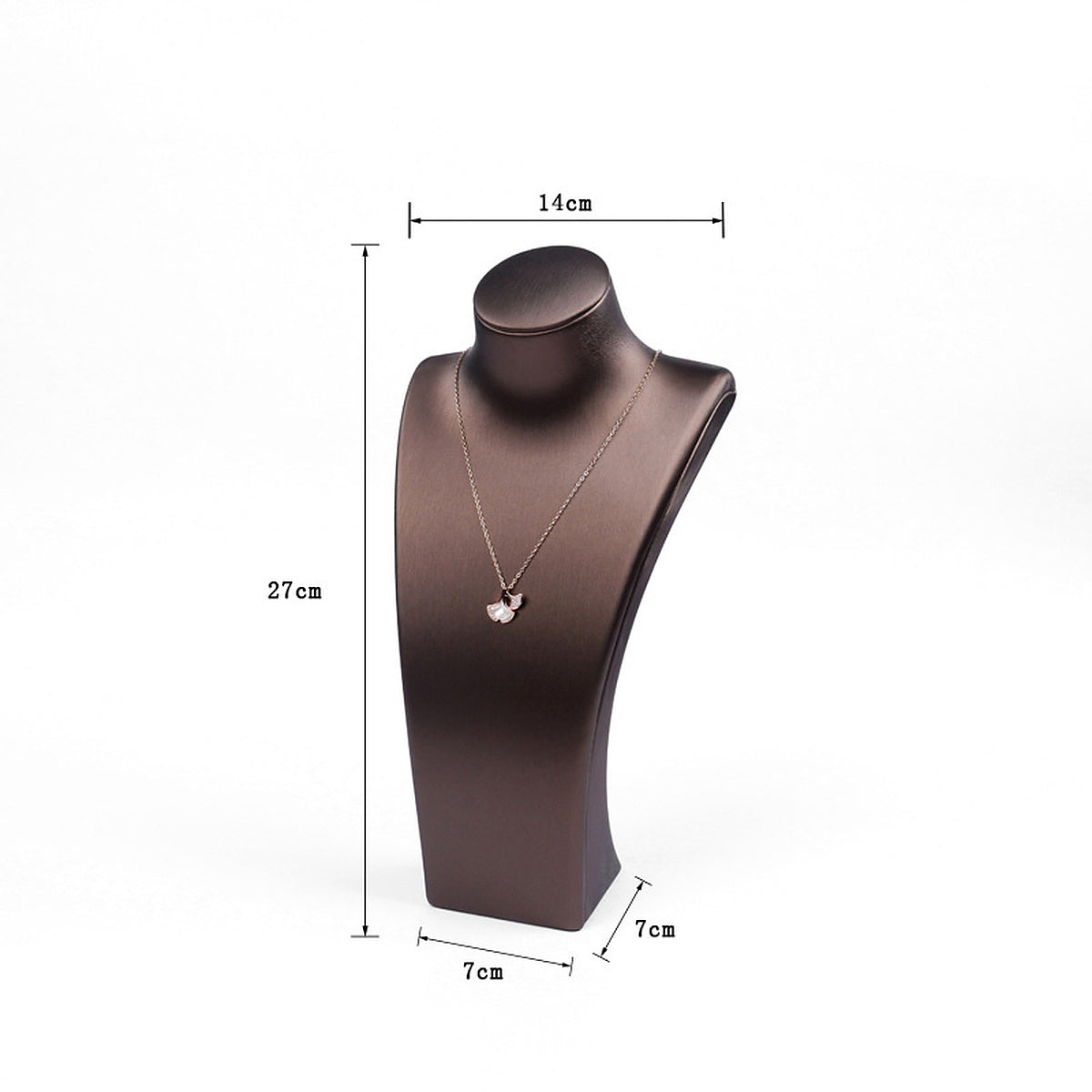 Coffee brushed PU leather necklace display bust, 14 cm shoulder x 27 cm high - CND063