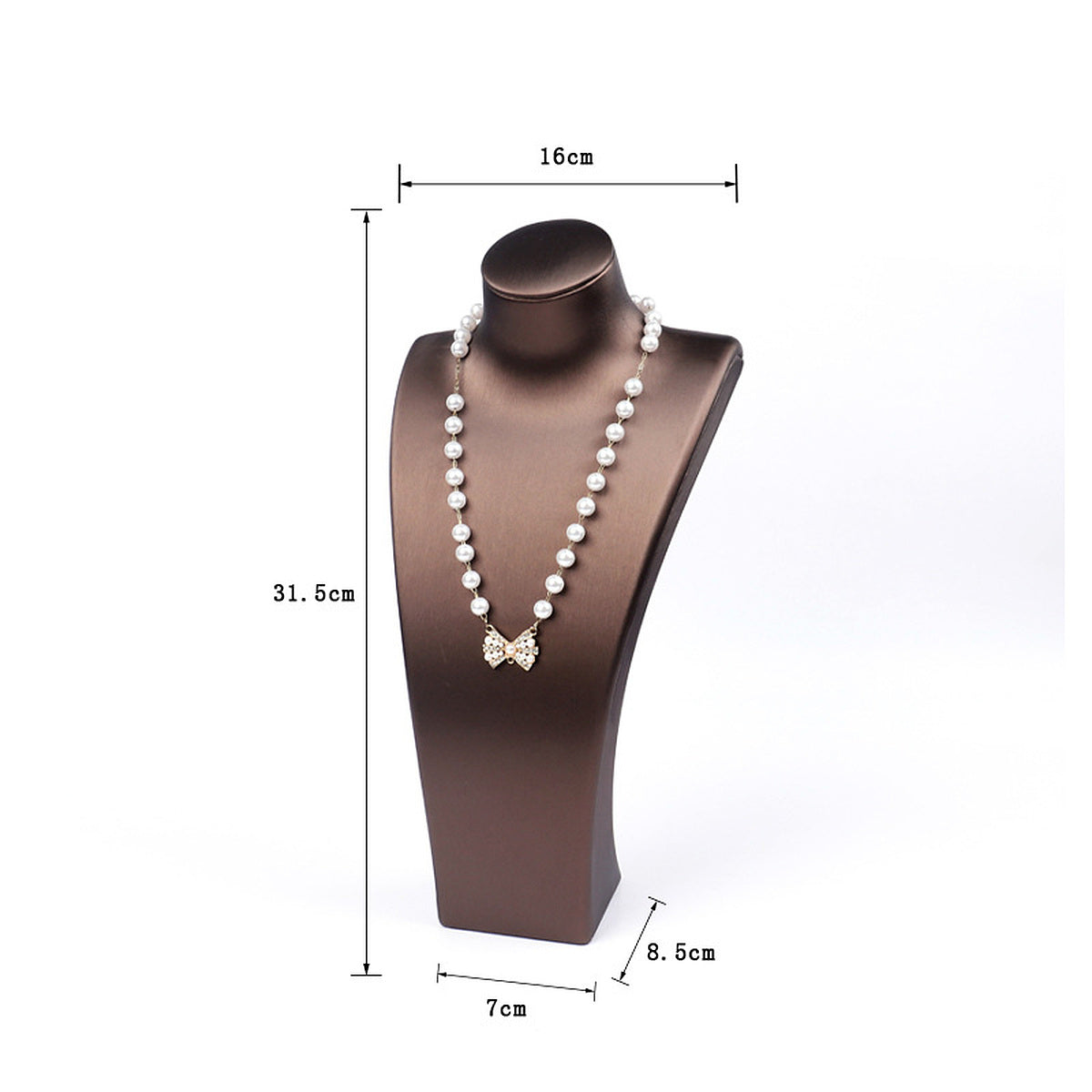 Coffee brushed PU leather necklace display bust, 16 cm shoulder x 31.5 cm high - CND064