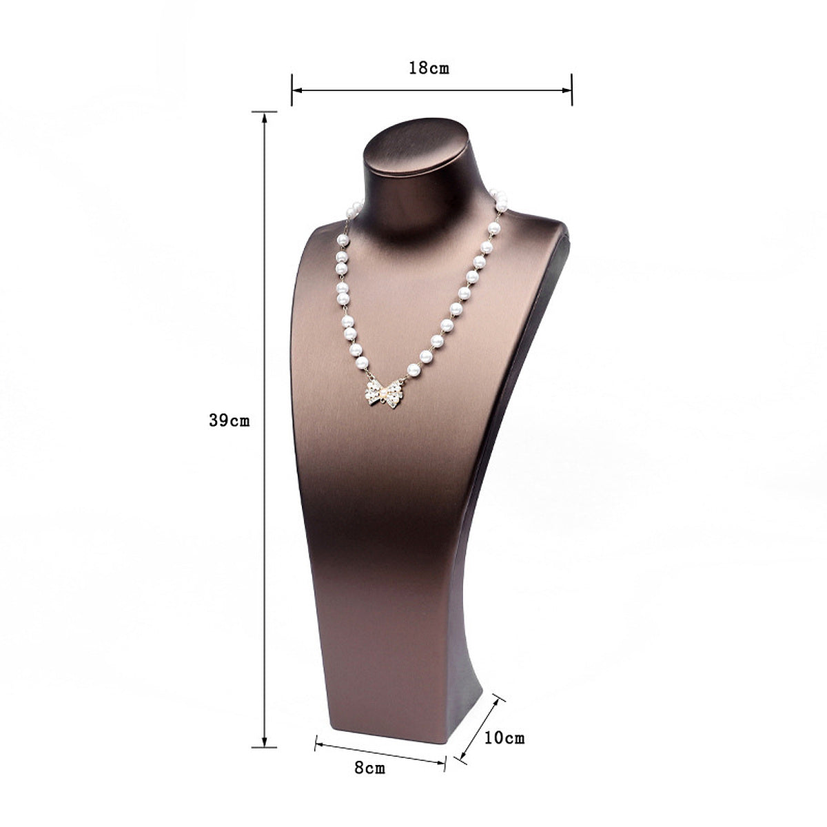 Coffee brushed PU leather necklace display bust, 18 cm shoulder x 39 cm high - CND065