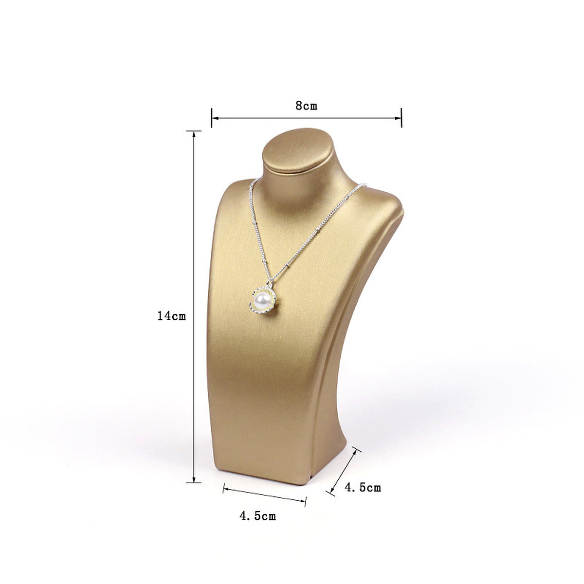 Gold brushed PU leather necklace display bust, 8 cm shoulder x 14 cm high - CND066