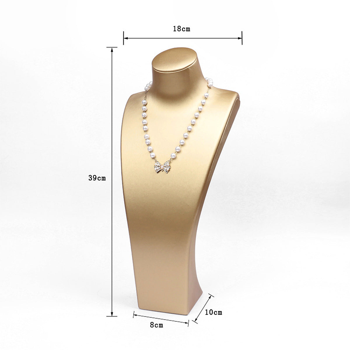 Gold brushed PU leather necklace display bust, 18 cm shoulder x 39 cm high - CND070