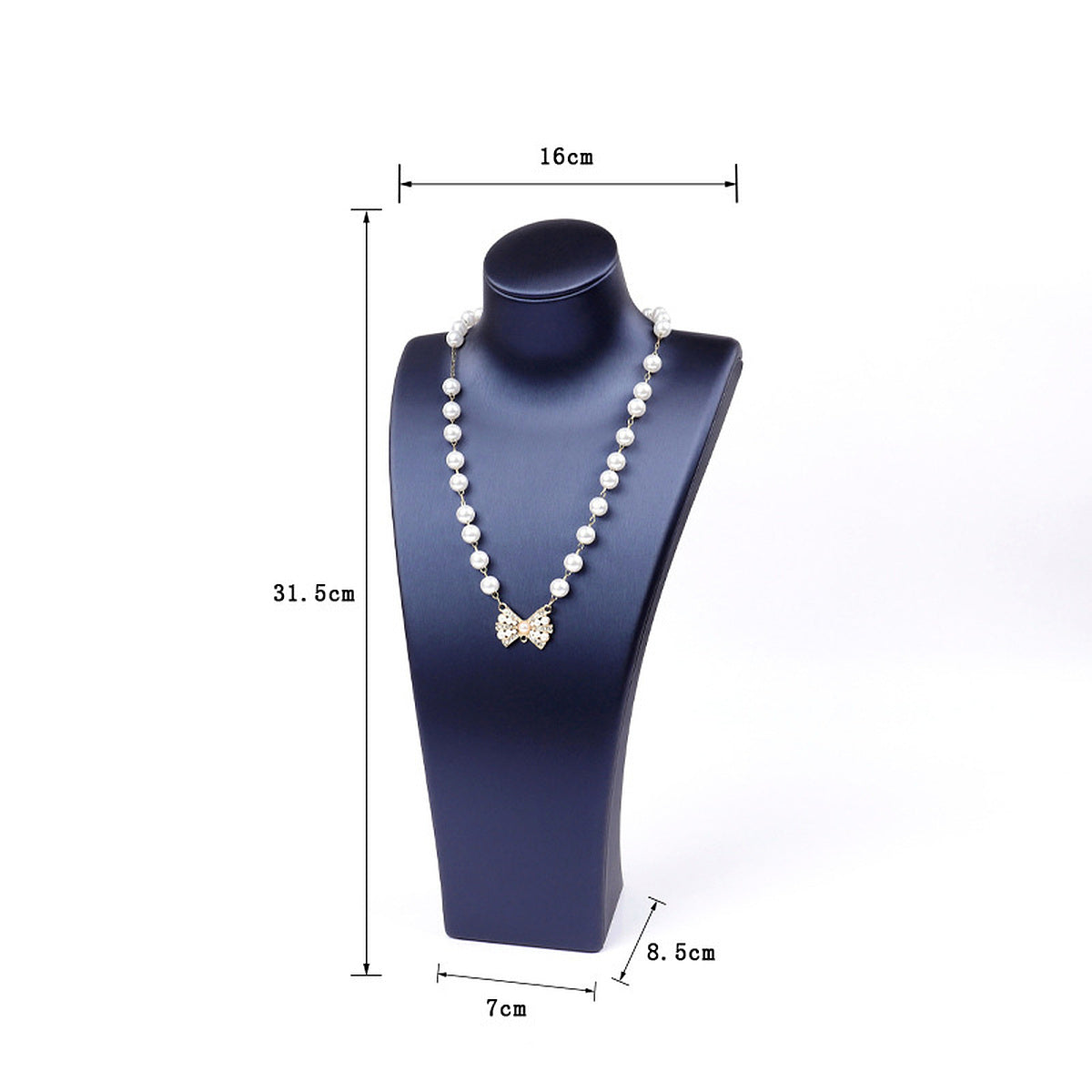 Blue brushed PU leather necklace display bust, 16 cm shoulder x 31.5 cm high - CND074