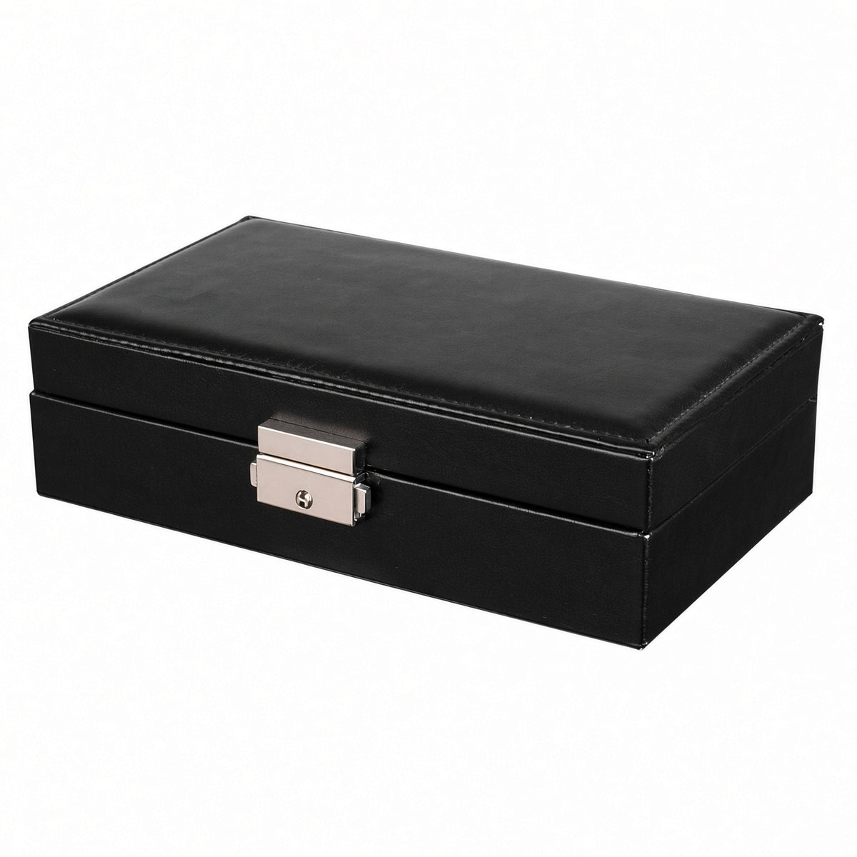 Black compact jewelry box with lock closed, showing the stitched PU lid and metal clasp
