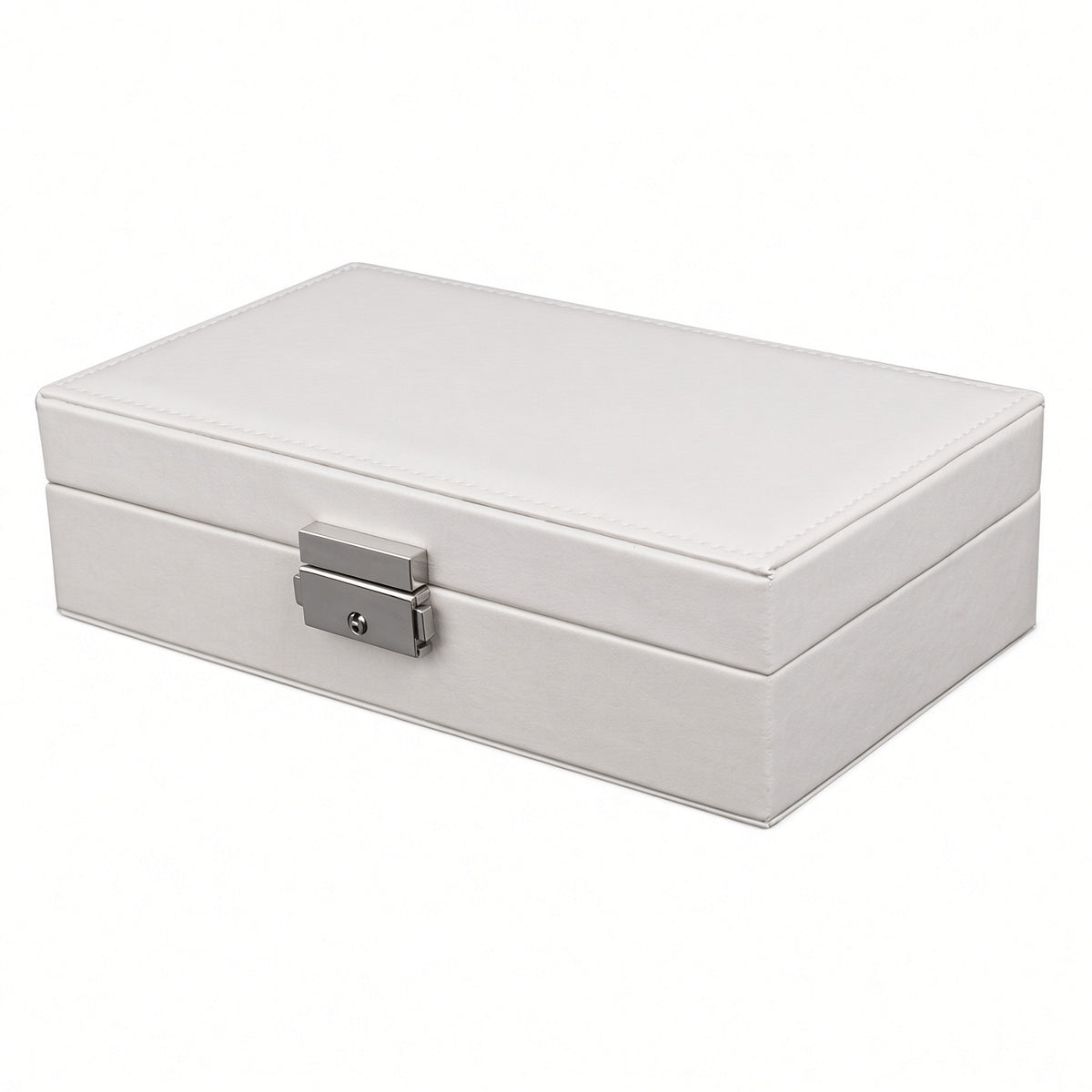 White compact jewelry box with lock closed, showing the stitched PU lid and metal clasp
