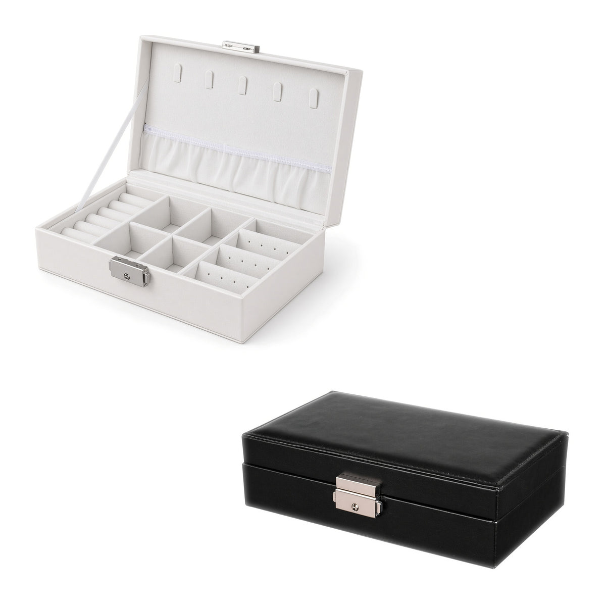White open and black closed compact jewelry boxes with locks, showing the divided interior and stitched PU exterior
