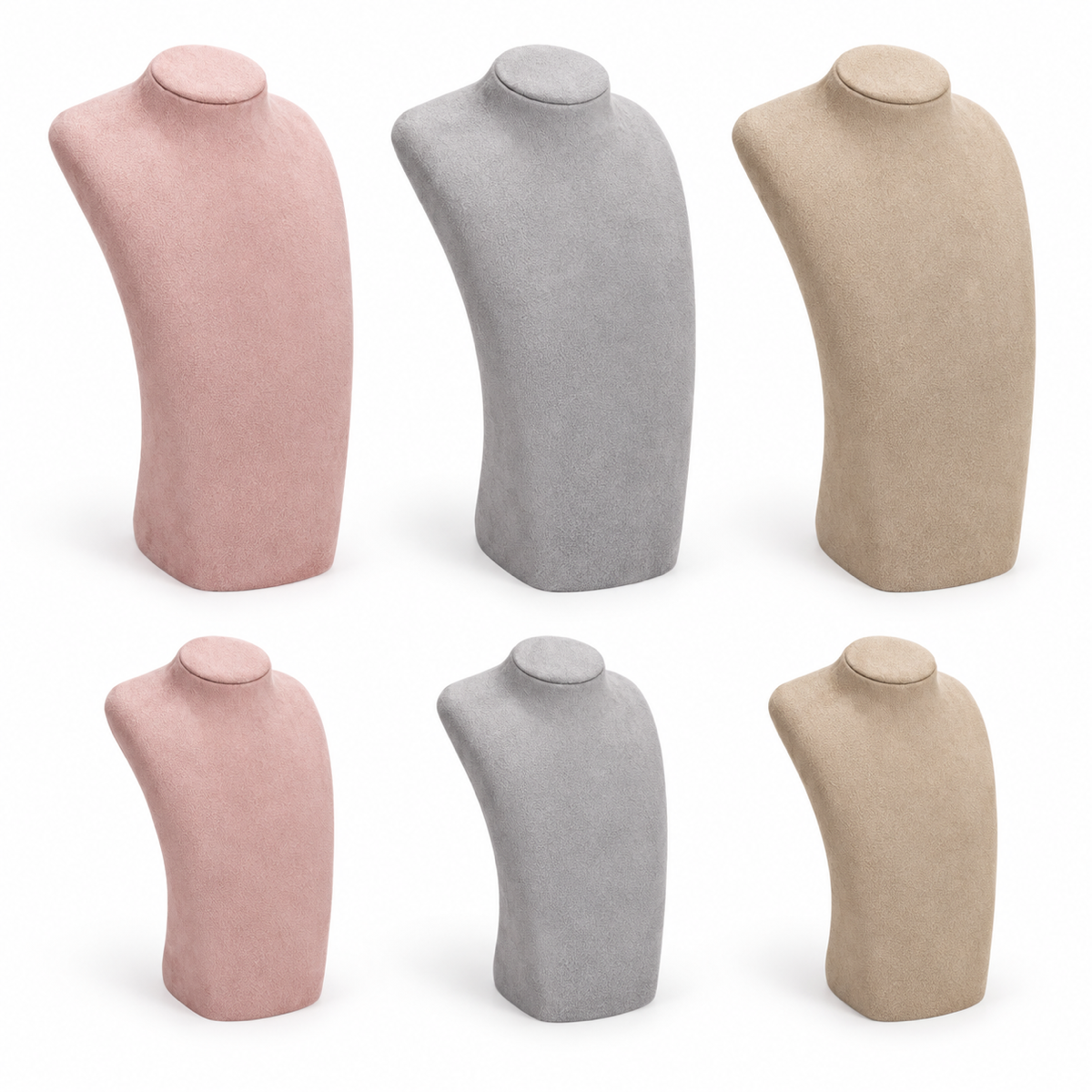 Compact velvet portrait necklace display busts in pink, gray and khaki on a pure white background