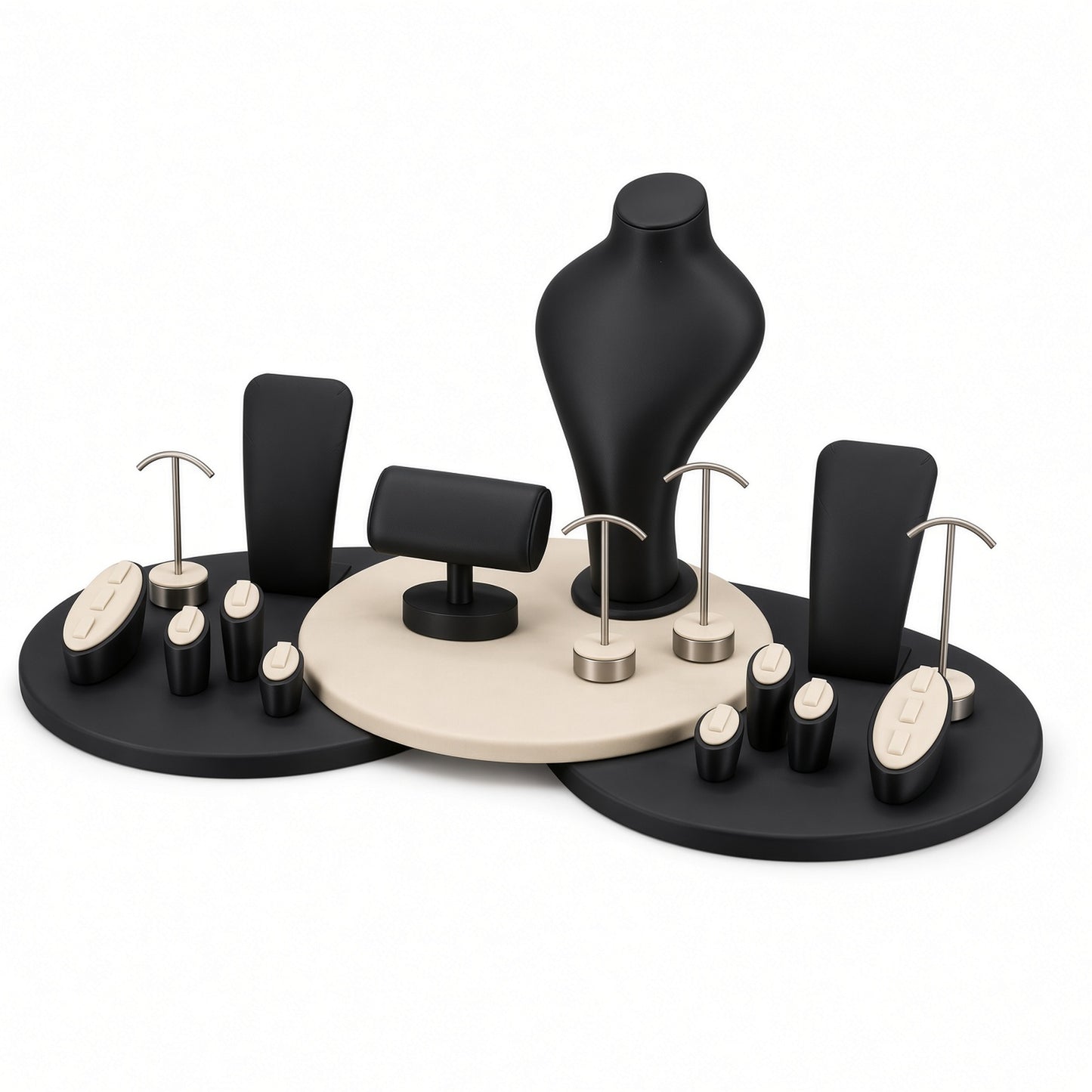 Custom Black Circular Platform Jewelry Display Rack Set shown with the full backdrop and coordinated three overlapping circular platforms, rounded bust, bracelet roll, T-bars and small holders for configuration review