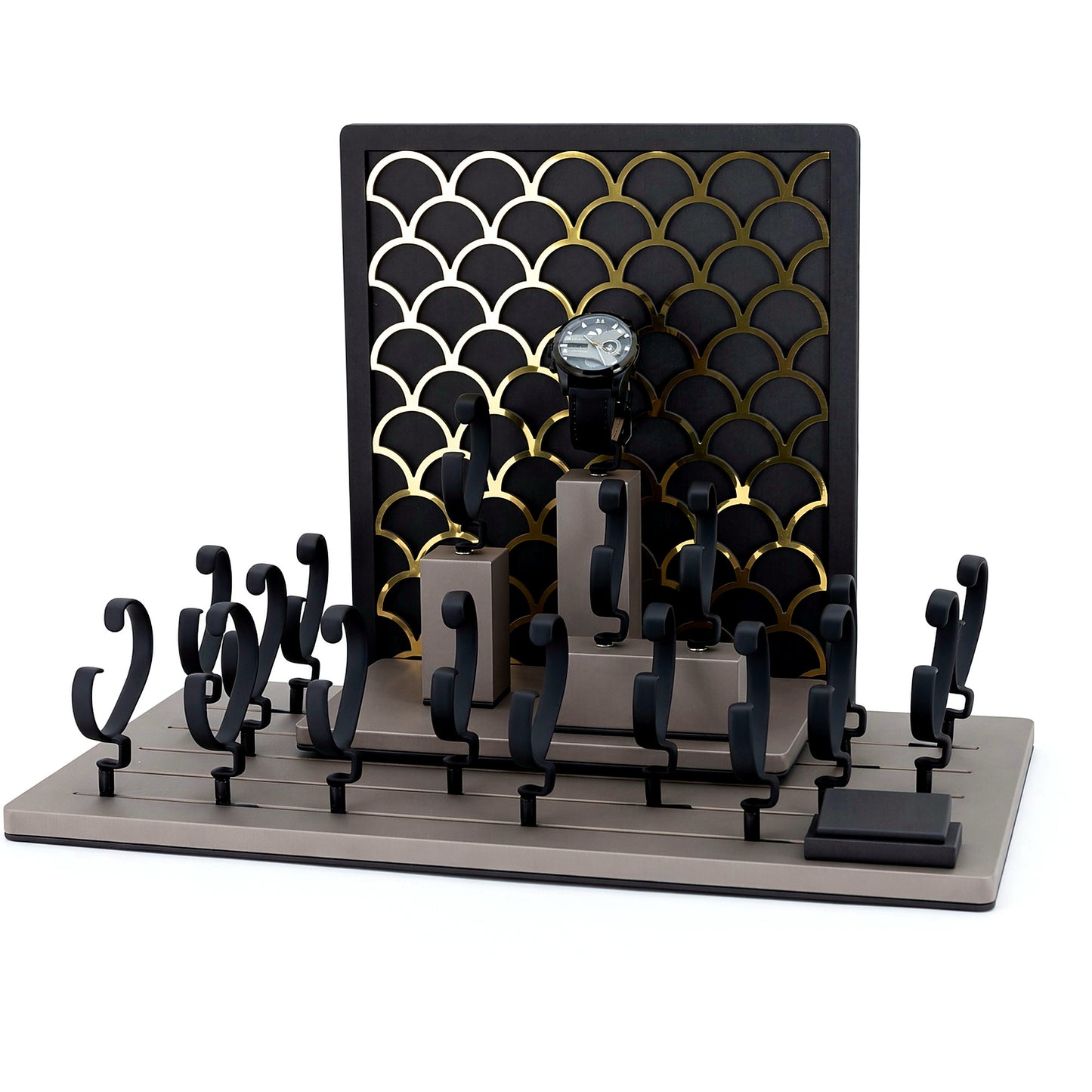 Custom Black Gray Tiered Watch Display Rack with the full backboard for configuration review
