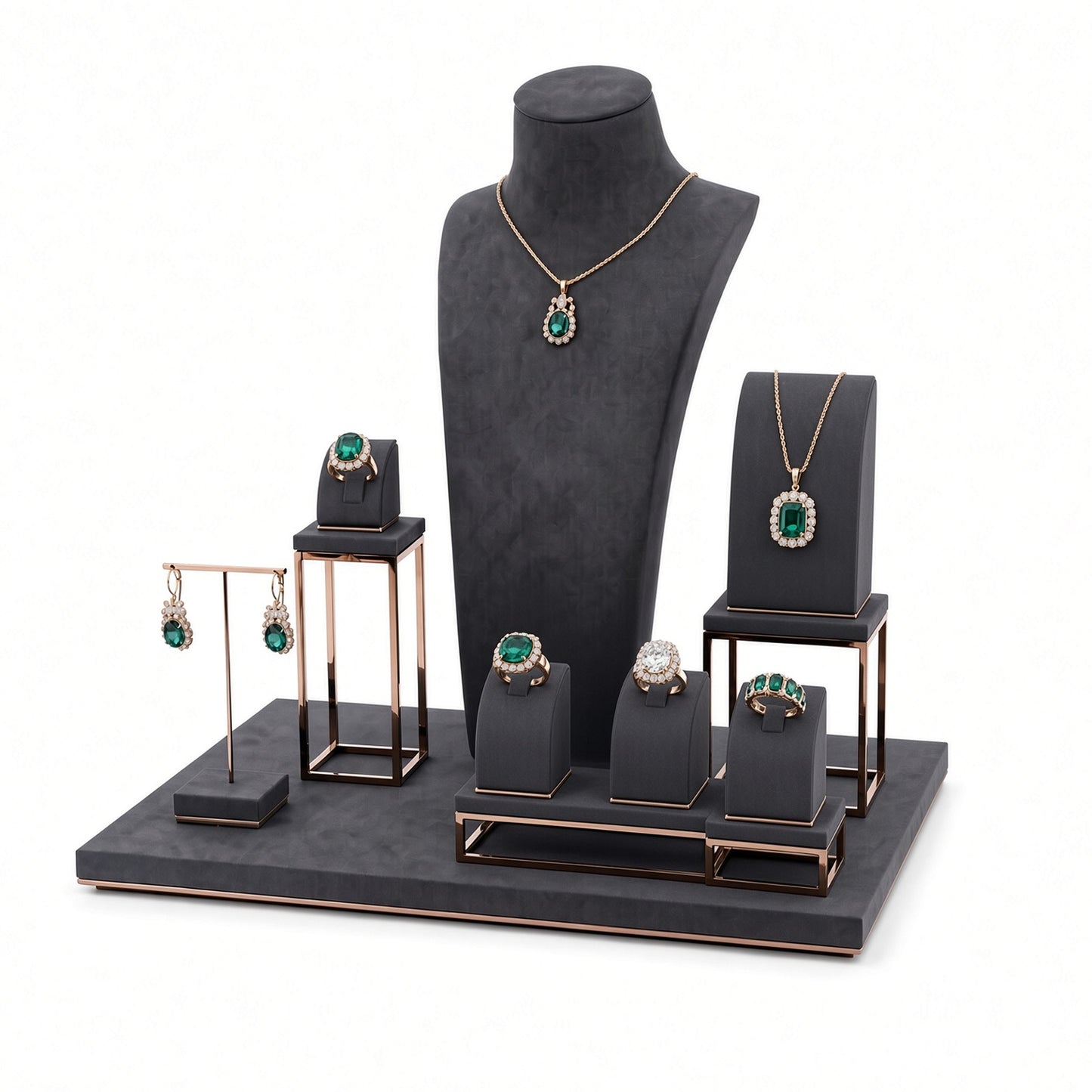 Custom Black Open-Frame Jewelry Display Set with the full backdrop, styled with assorted necklaces, earrings, rings and bracelets