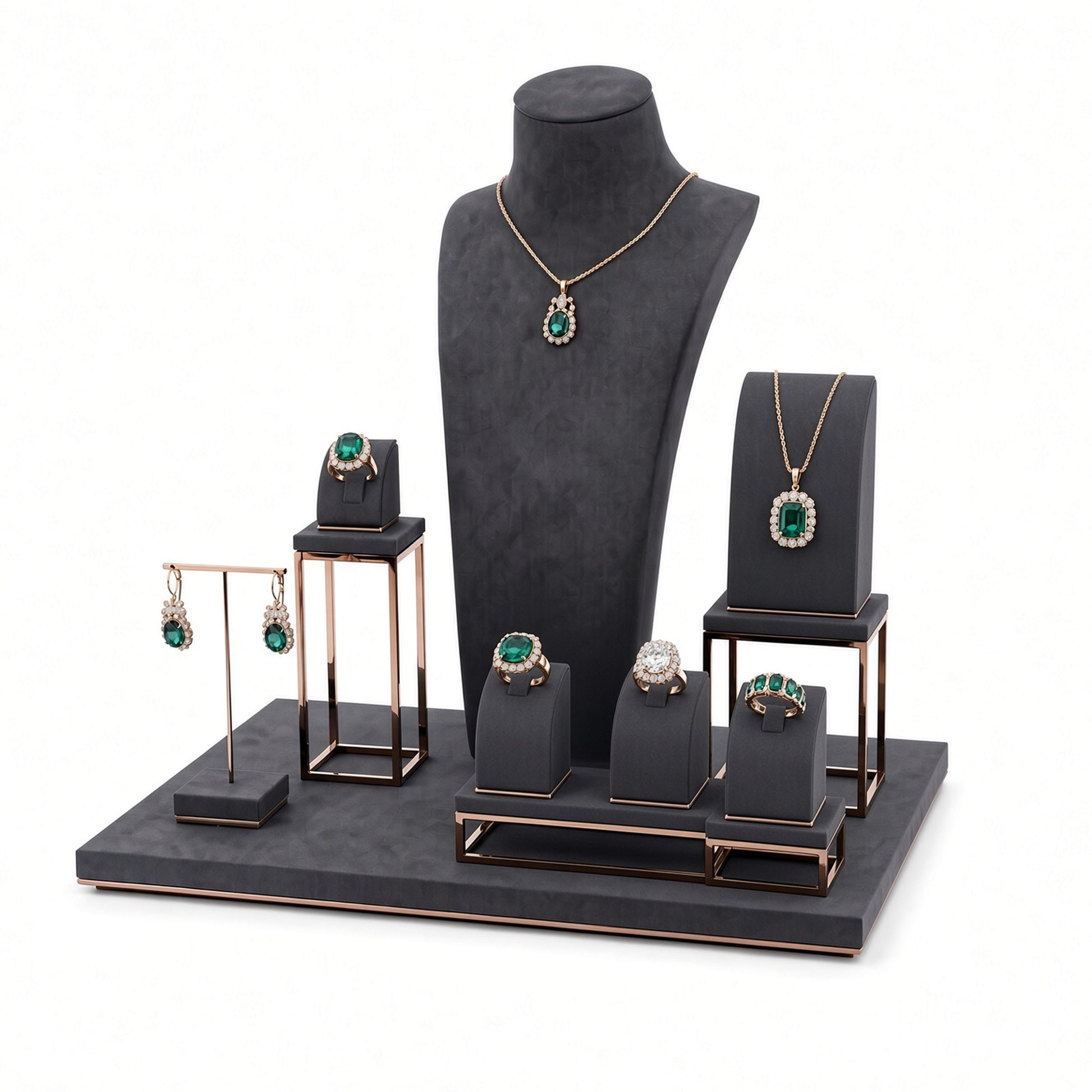 Custom Black Open-Frame Jewelry Display Set with the full backdrop, styled with assorted necklaces, earrings, rings and bracelets