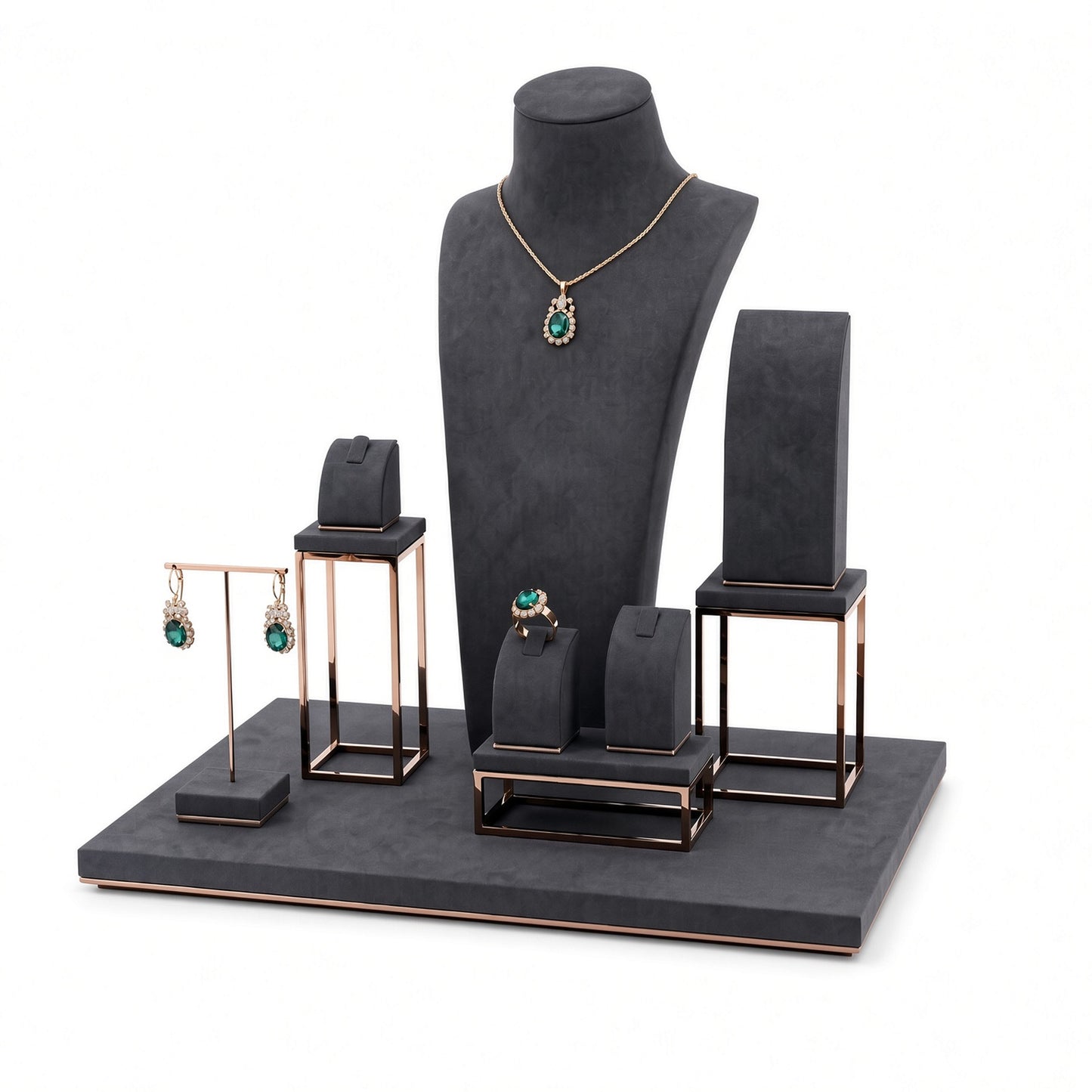 Custom Black Open-Frame Jewelry Display Set shown without the backboard in a black with warm metallic accents arrangement with jewelry visible on the display pieces