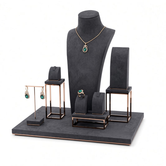 Custom Black Open-Frame Jewelry Display Set shown without the backboard in a black with warm metallic accents arrangement with jewelry visible on the display pieces