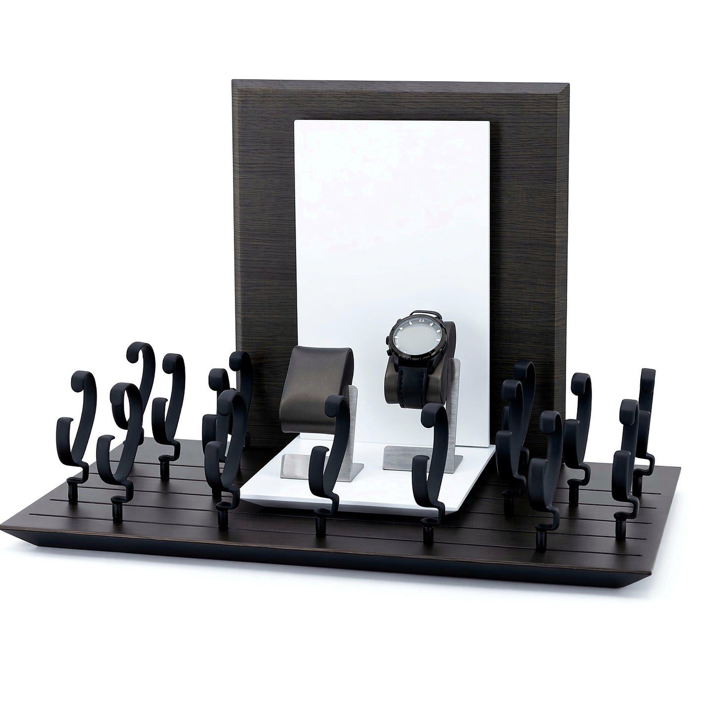 Custom Black Oval Watch Stand Collection with the full backboard for configuration review