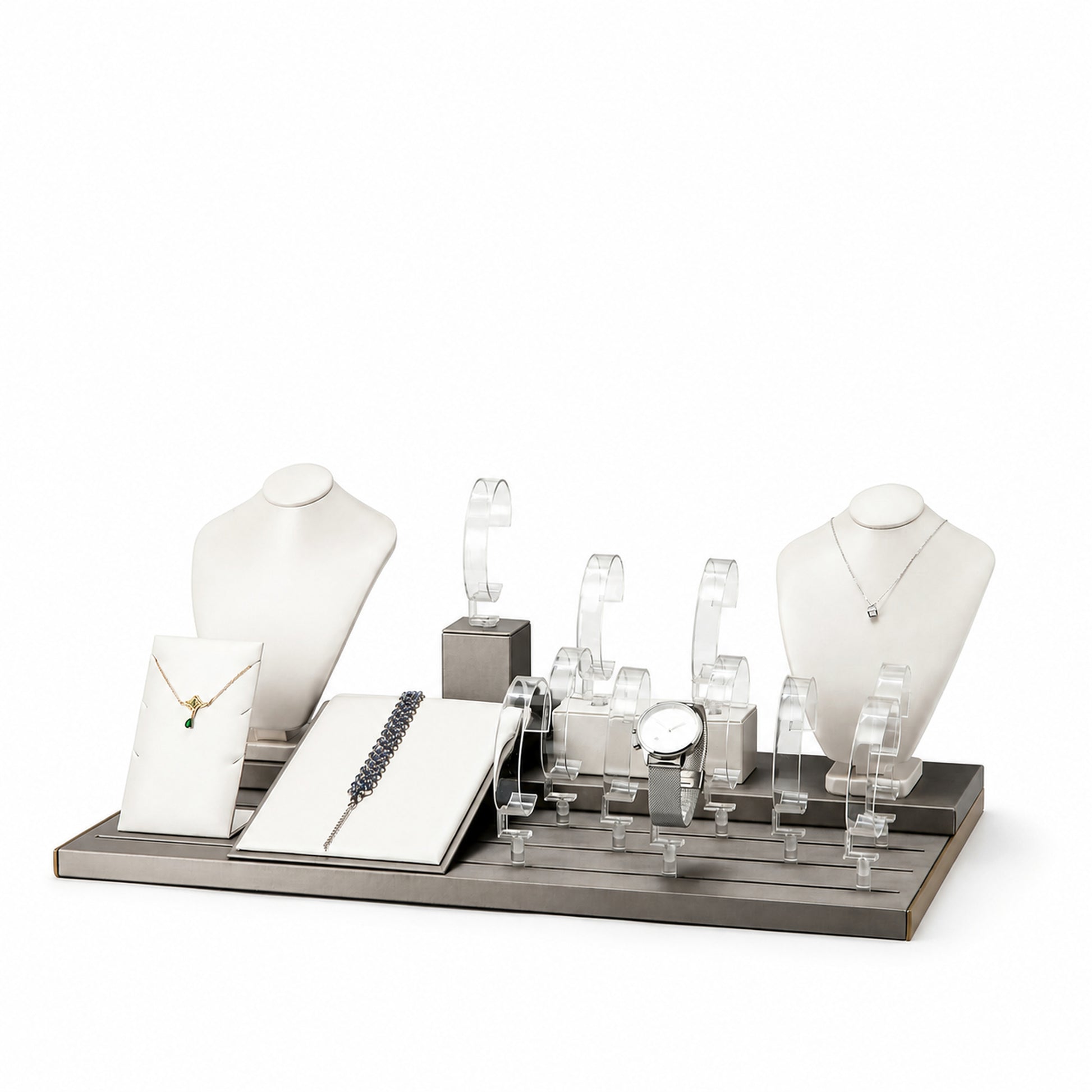 Custom Black White Jewelry Store Display Collection without the backboard, showing necklace busts, bracelet and watch stands, pendant boards, T-bars and tiered base for configuration review
