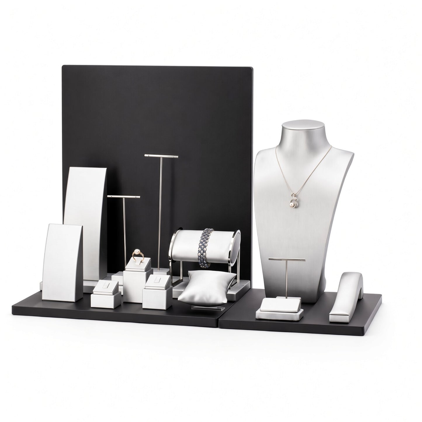 Custom Black and White Multi-Level Jewelry Display Set shown with the full backdrop and coordinated rectangular panel, tall bust, bracelet roll, necklace boards, T-bars and ring blocks for configuration review