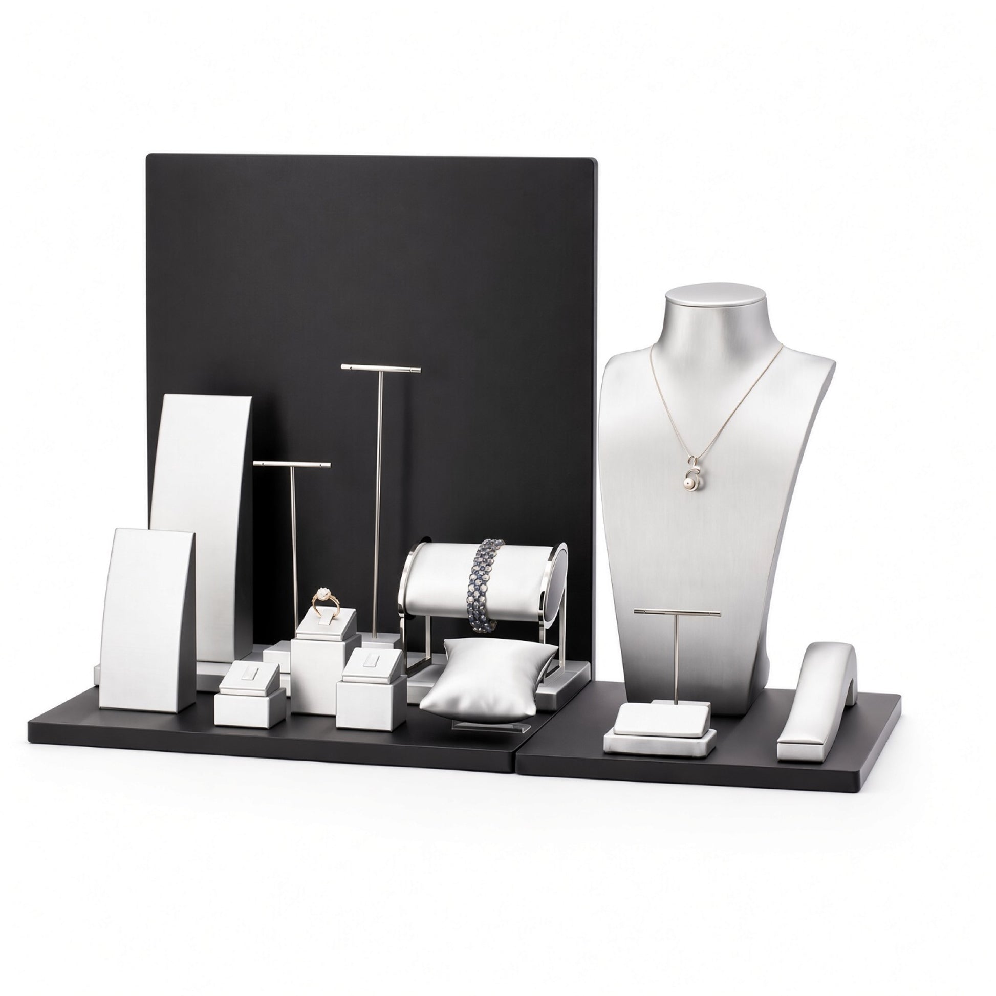 Custom Black and White Multi-Level Jewelry Display Set shown with the full backdrop and coordinated rectangular panel, tall bust, bracelet roll, necklace boards, T-bars and ring blocks for configuration review