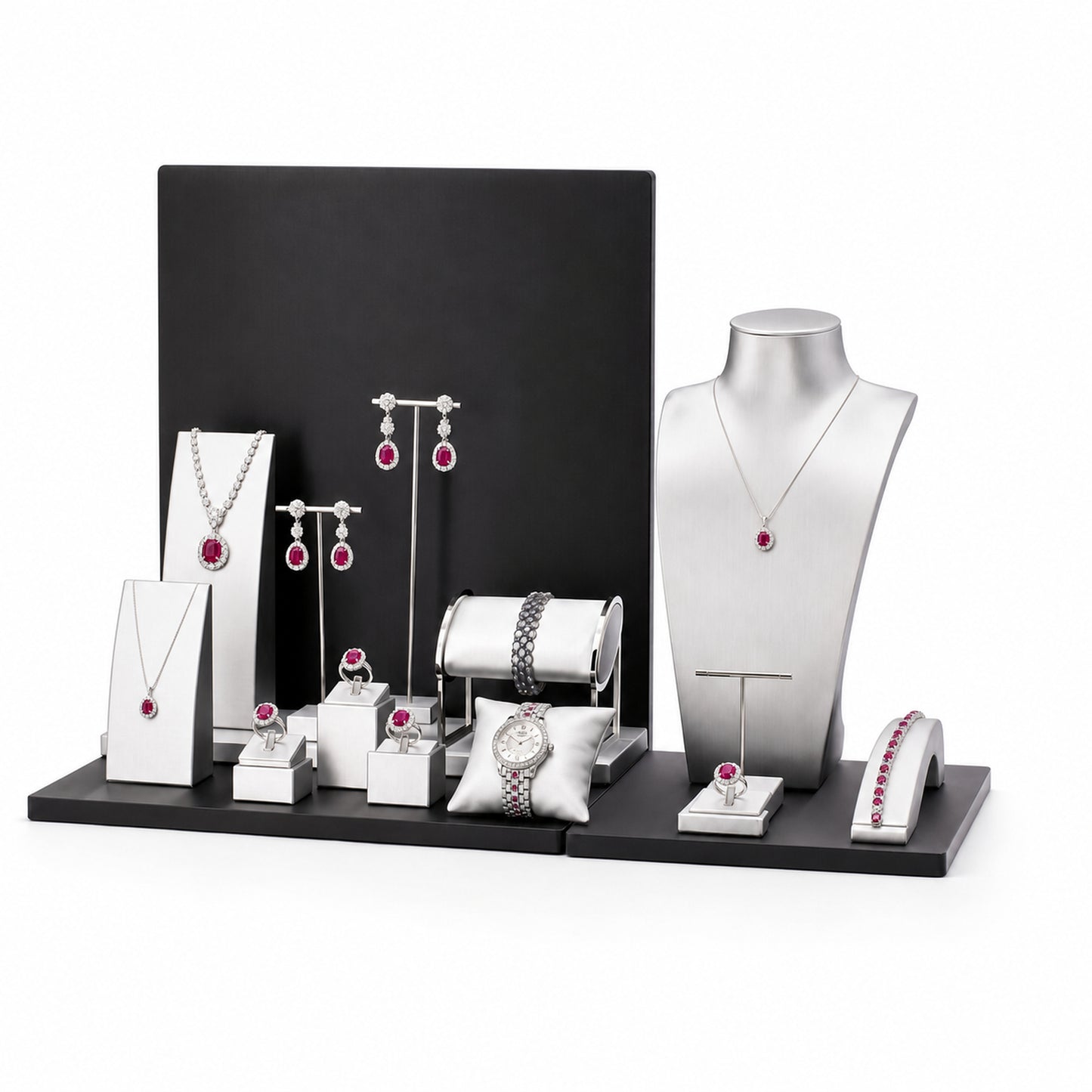 Custom Black and White Multi-Level Jewelry Display Set with the full backdrop, styled with assorted necklaces, earrings, rings and bracelets