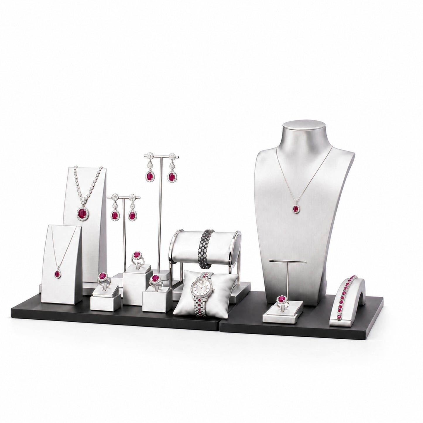 Custom Black and White Multi-Level Jewelry Display Set without the backboard, styled with necklaces, earrings, rings and bracelets across the coordinated display pieces