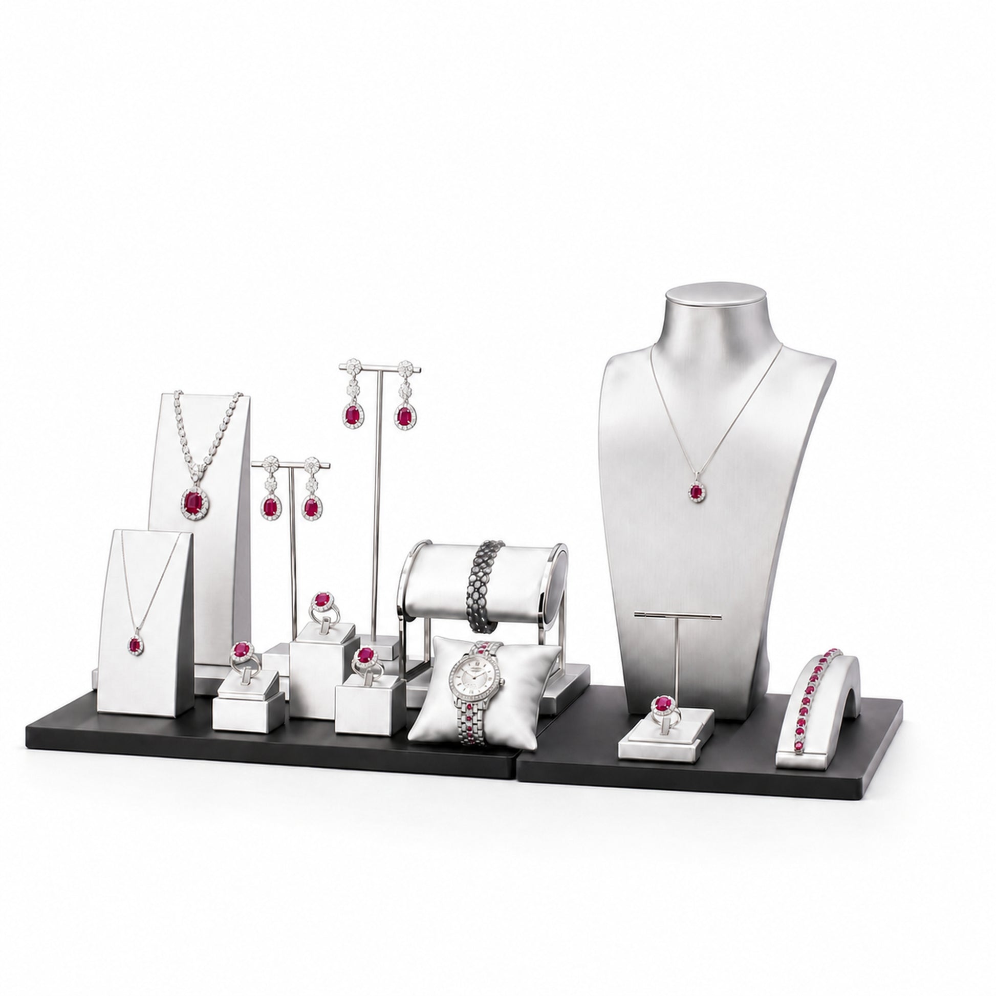 Custom Black and White Multi-Level Jewelry Display Set without the backboard, styled with necklaces, earrings, rings and bracelets across the coordinated display pieces