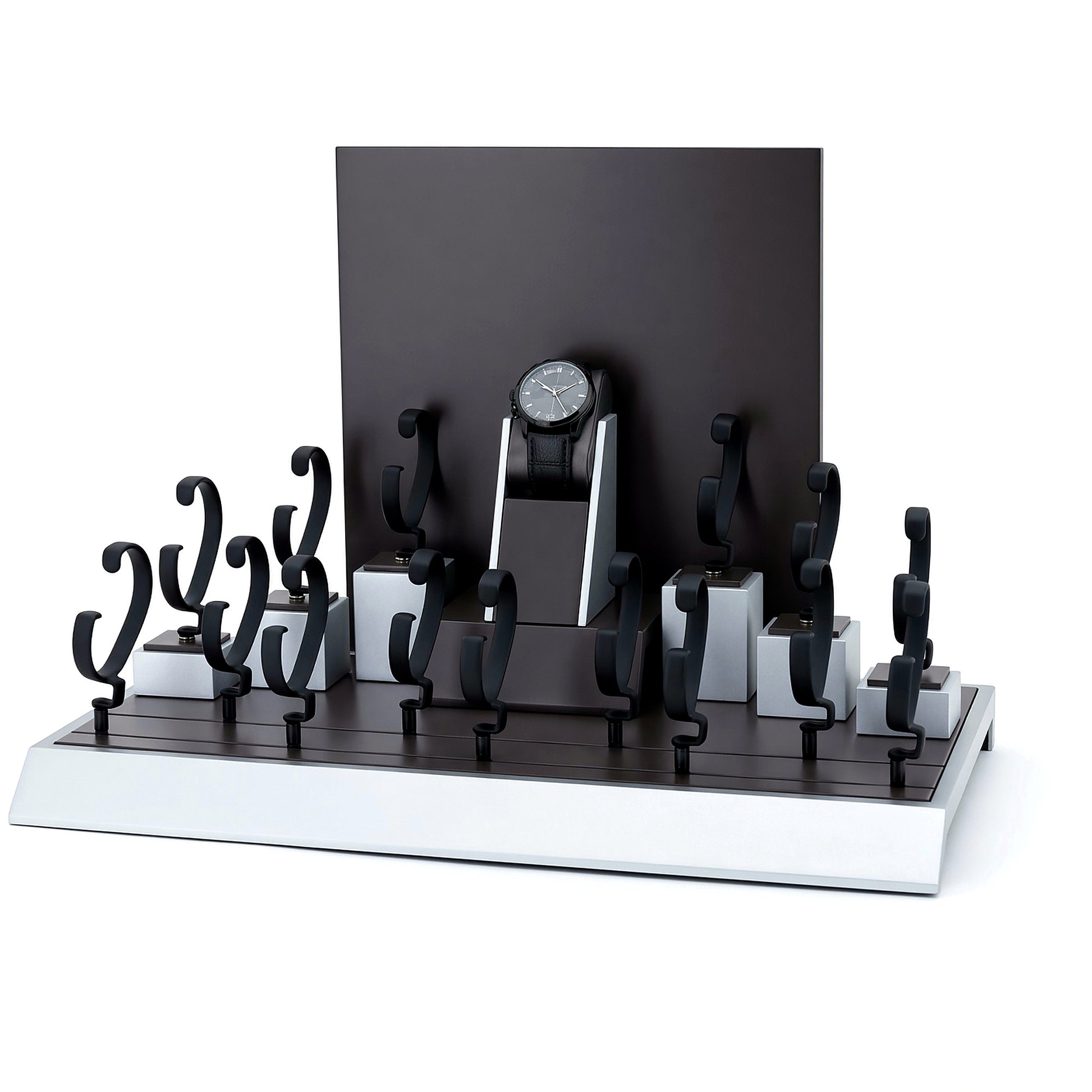 Custom Black White Tiered Watch Holder Set with the full backboard for configuration review