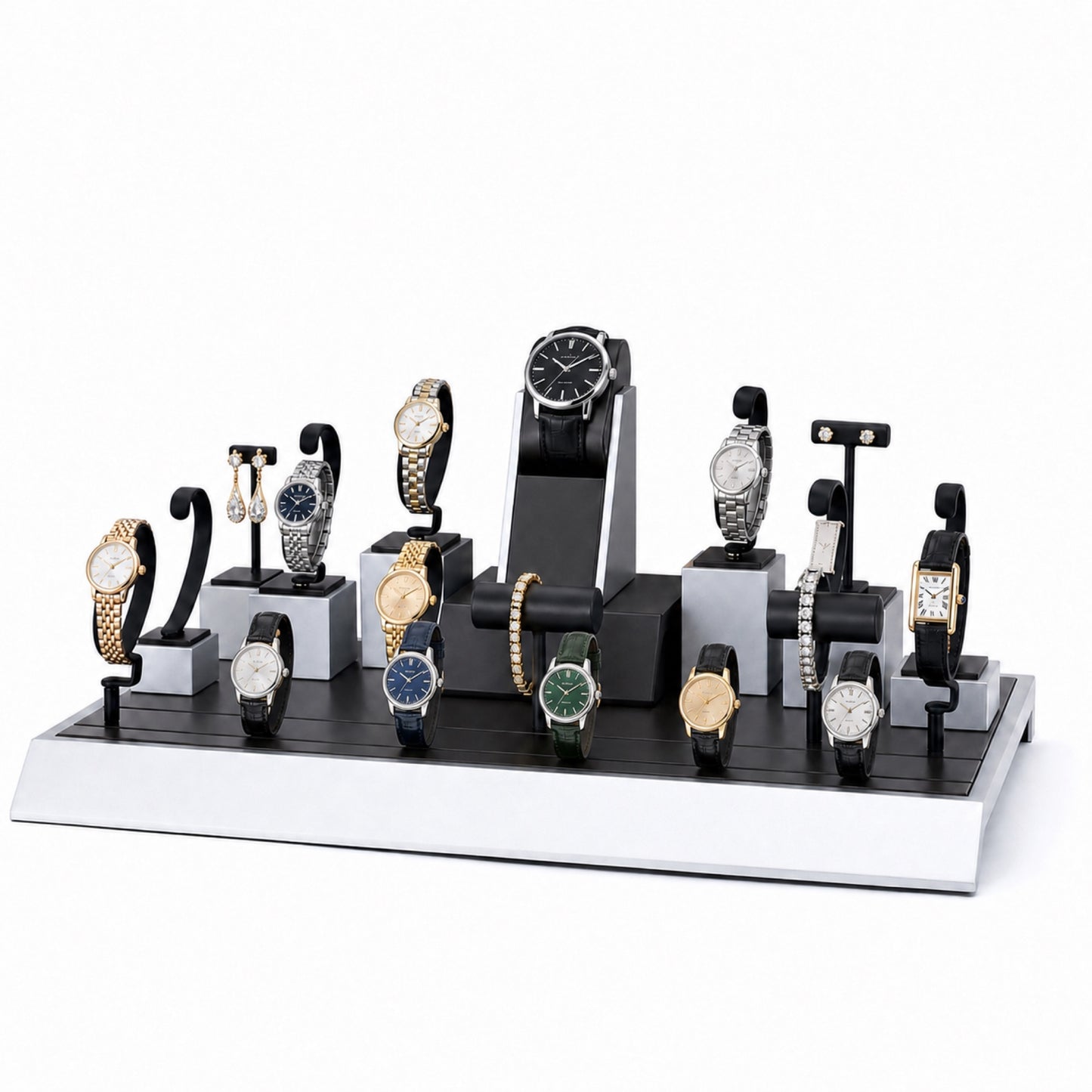 Custom Black White Tiered Watch Holder Set without the backboard, styled with watches and jewelry