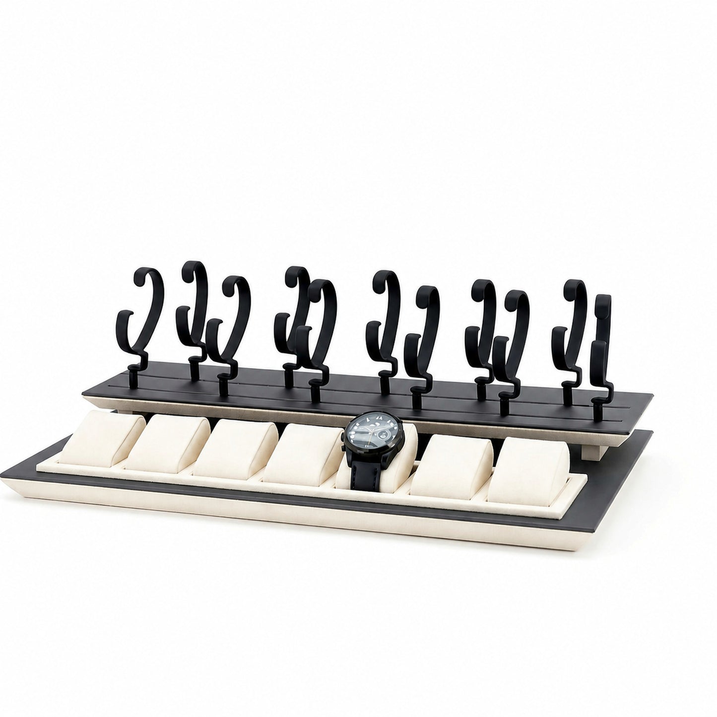 Custom Black White Watch Hook Display Tray without the backboard for configuration review