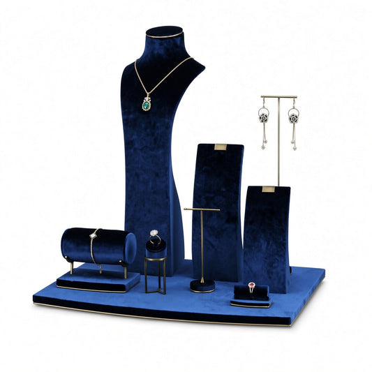 Custom Blue Vertical Jewelry Display Stand Set shown without the backboard in a royal blue and gold arrangement with jewelry visible on the display pieces
