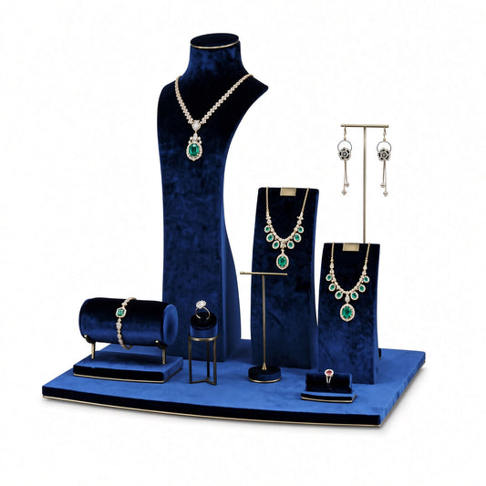 Custom Blue Vertical Jewelry Display Stand Set without the backboard, styled with necklaces, earrings, rings and bracelets across the coordinated display pieces
