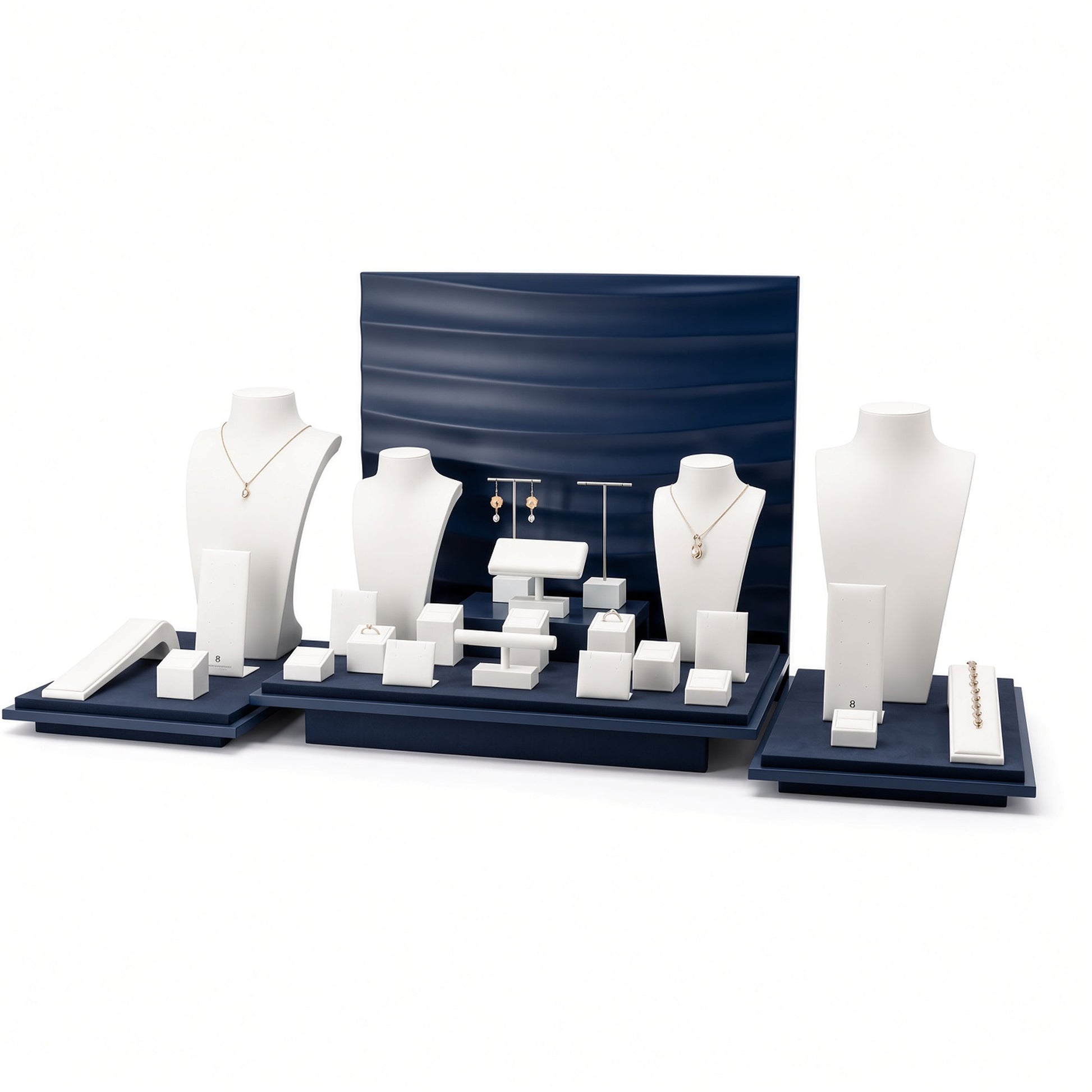 Custom Blue and White Three-Zone Wholesale Jewelry Display shown with the full backdrop and coordinated three-zone stepped platform, multiple busts, central slat panel and small jewelry holders for configuration review