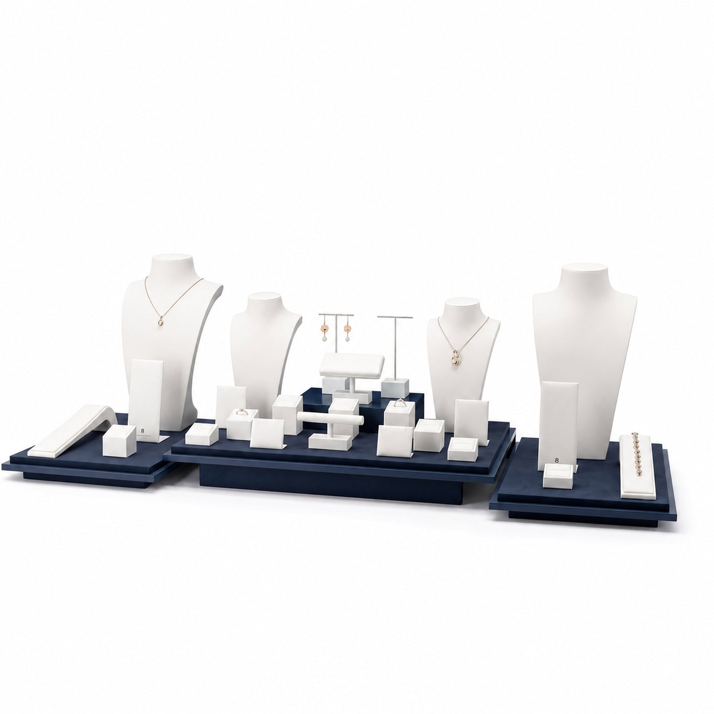 Custom Blue and White Three-Zone Wholesale Jewelry Display shown without the backboard in a white, blue and teal arrangement with jewelry visible on the display pieces