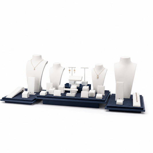 Custom Blue and White Three-Zone Wholesale Jewelry Display shown without the backboard in a white, blue and teal arrangement with jewelry visible on the display pieces