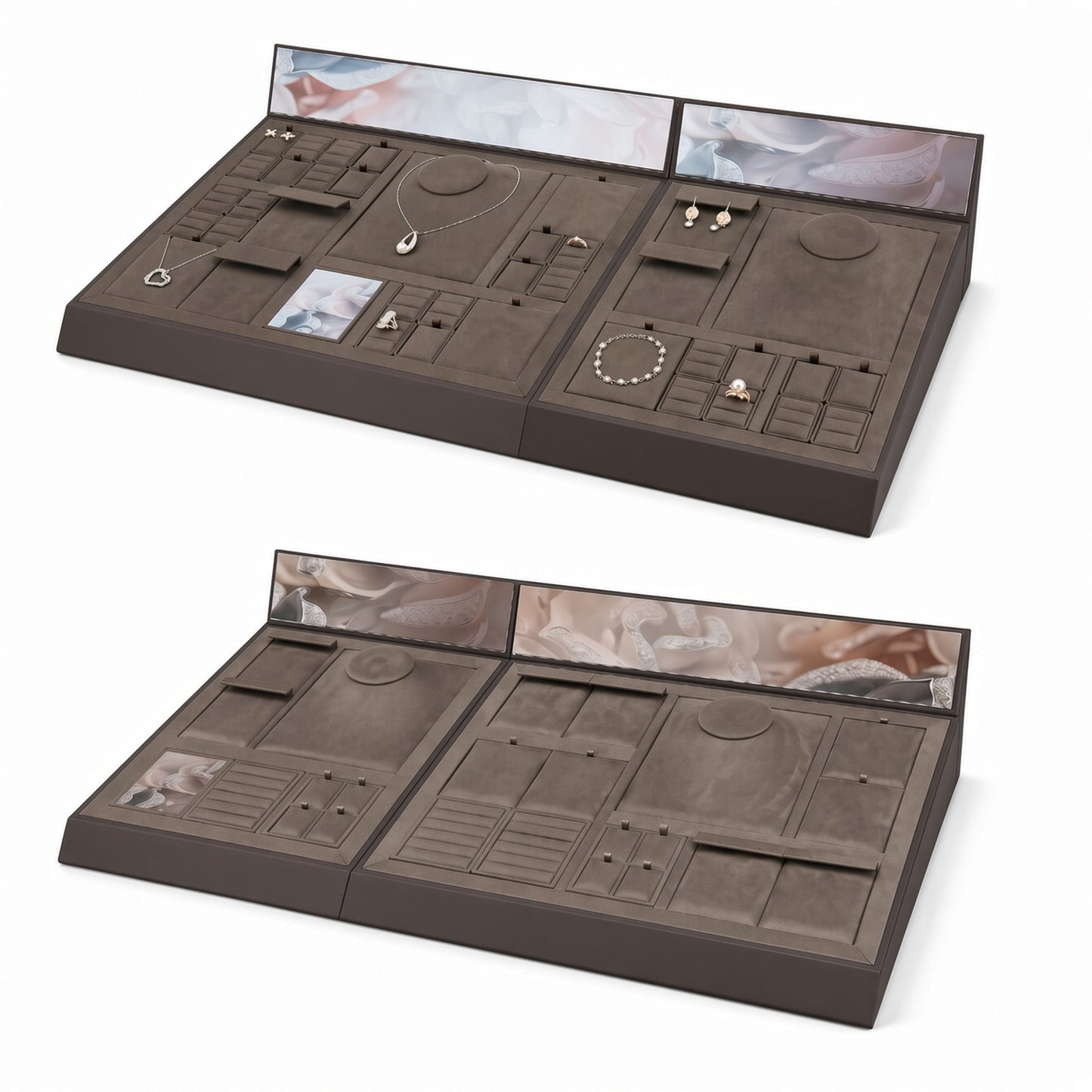 Custom Brown Modular Jewelry Display Tray Set shown with the full backdrop and coordinated paired sloped tray panels with necklace, ring and earring compartments for configuration review