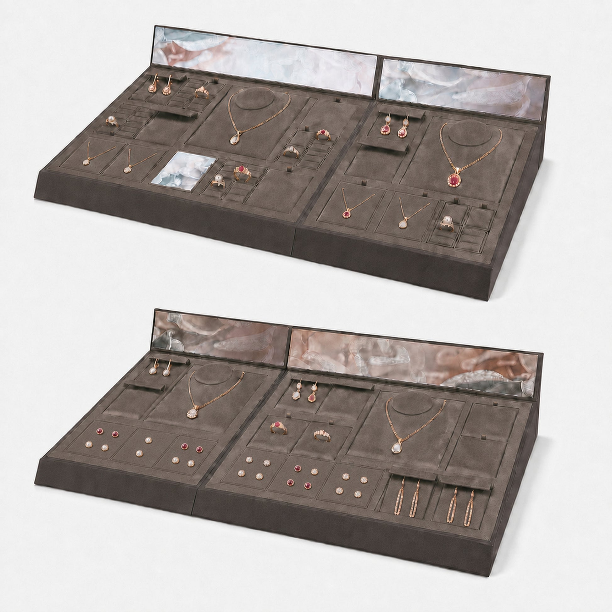 Custom Brown Modular Jewelry Display Tray Set with the full backdrop, styled with assorted necklaces, earrings, rings and bracelets