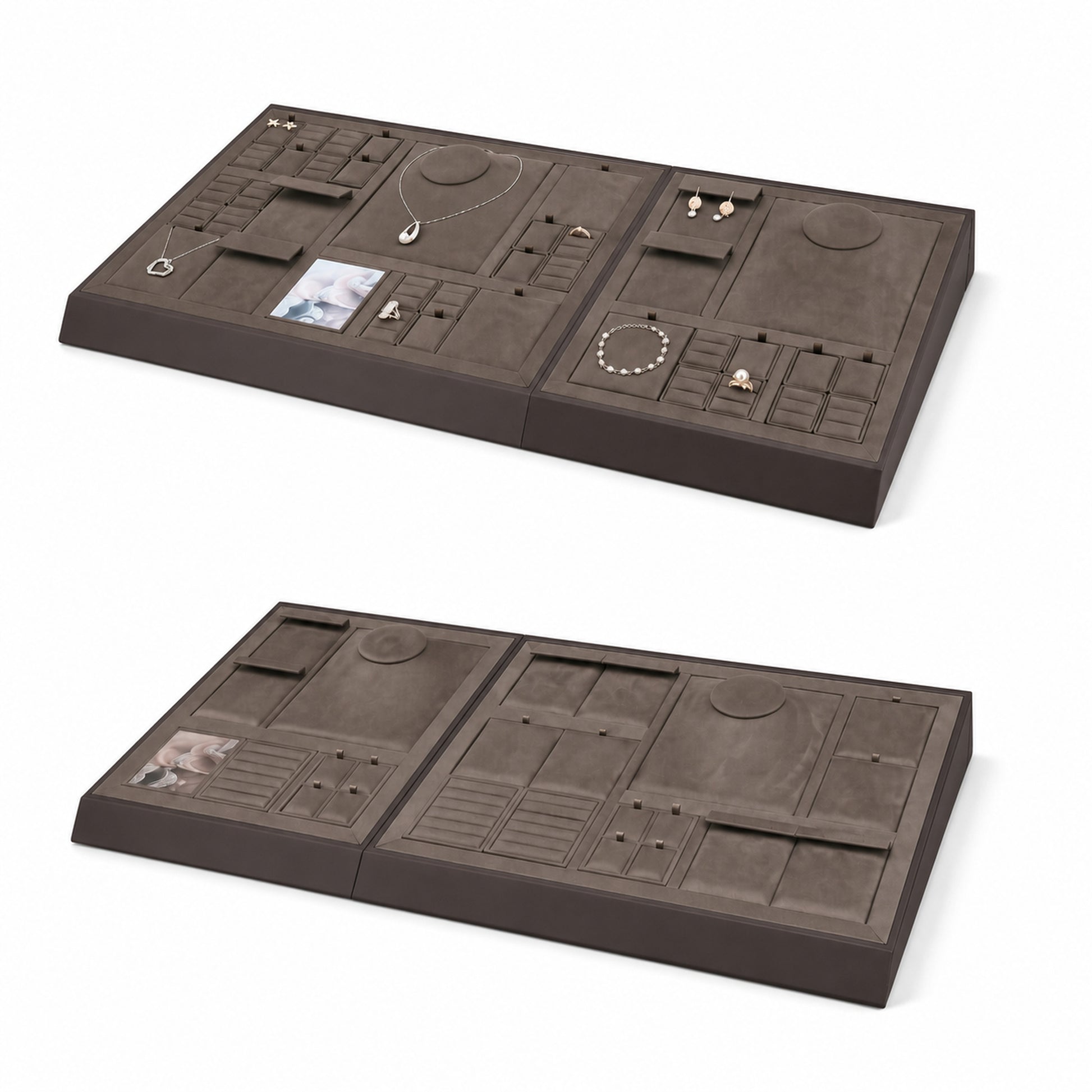 Custom Brown Modular Jewelry Display Tray Set shown without the backboard in a brown arrangement with jewelry visible on the display pieces