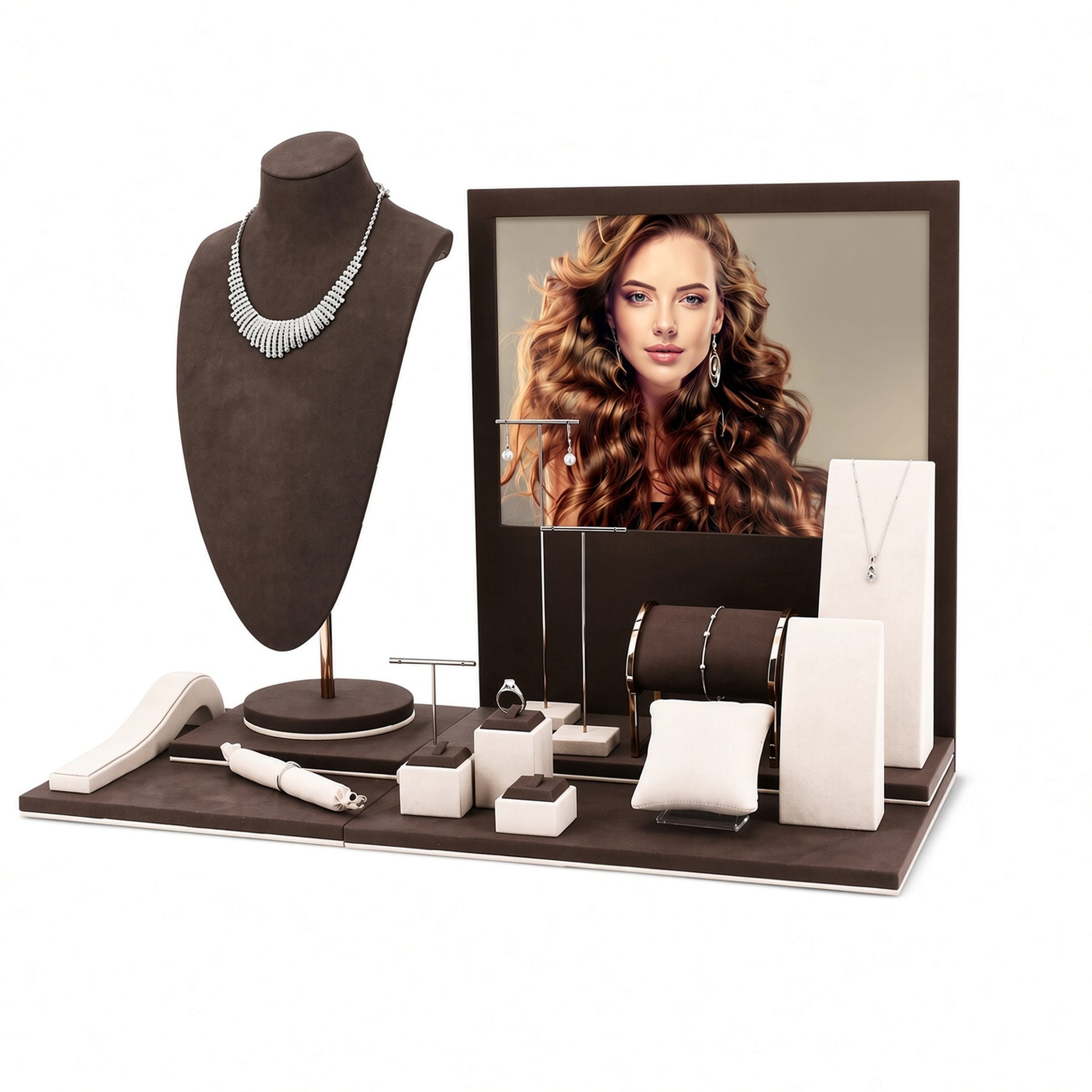 Custom Brown Portrait-Backdrop Jewelry Window Display shown with the full backdrop and coordinated portrait-style panel, tall bust, accent boards, bracelet roll, pillow and T-bars for configuration review