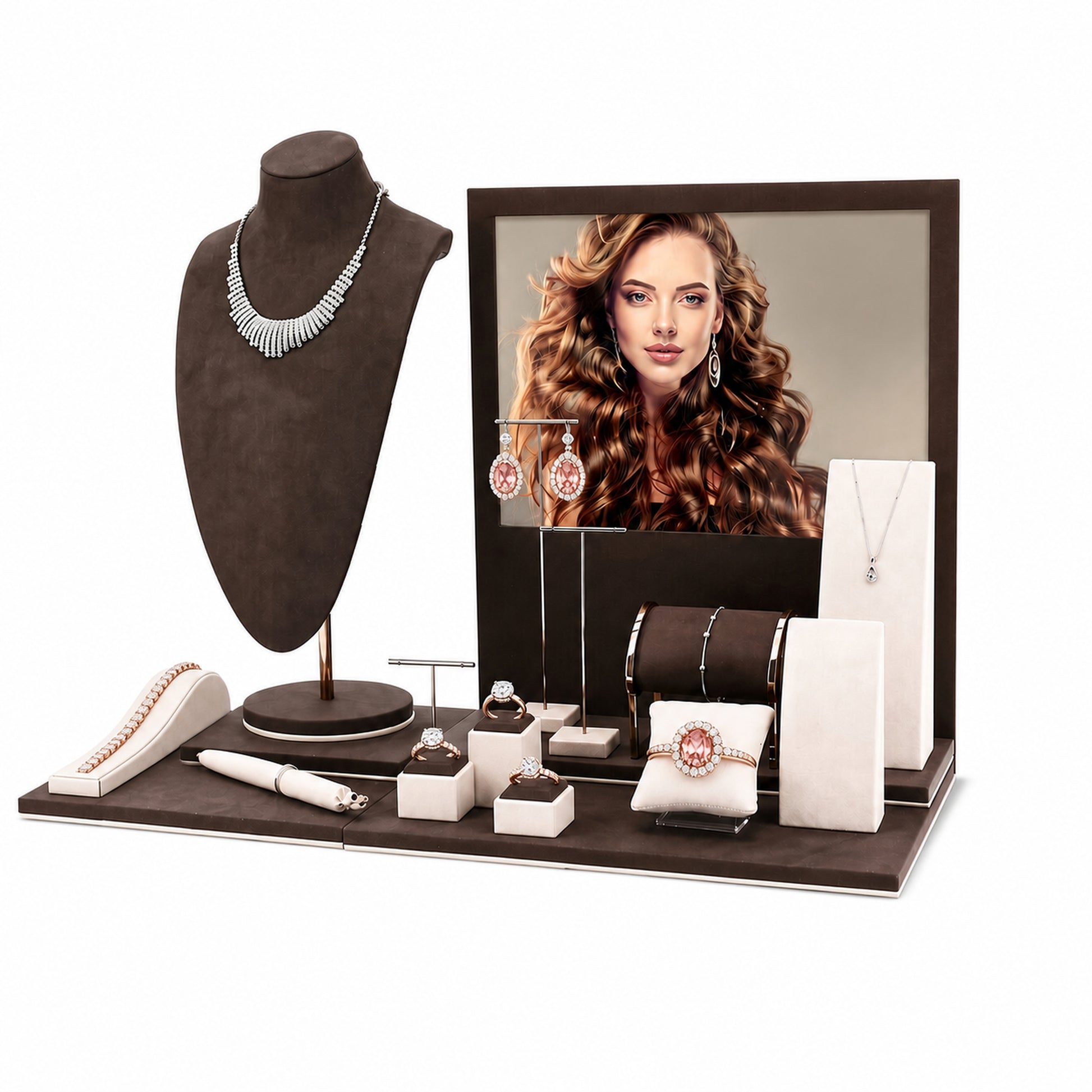 Custom Brown Portrait-Backdrop Jewelry Window Display with the full backdrop, styled with assorted necklaces, earrings, rings and bracelets