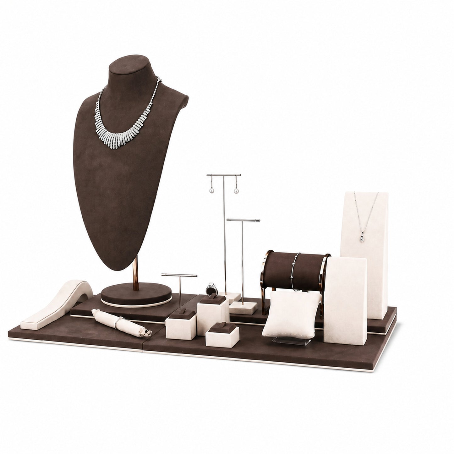Custom Brown Portrait-Backdrop Jewelry Window Display shown without the backboard in a brown with white accents arrangement with jewelry visible on the display pieces