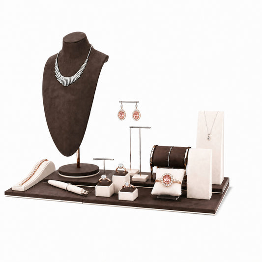 Custom Brown Portrait-Backdrop Jewelry Window Display without the backboard, styled with necklaces, earrings, rings and bracelets across the coordinated display pieces