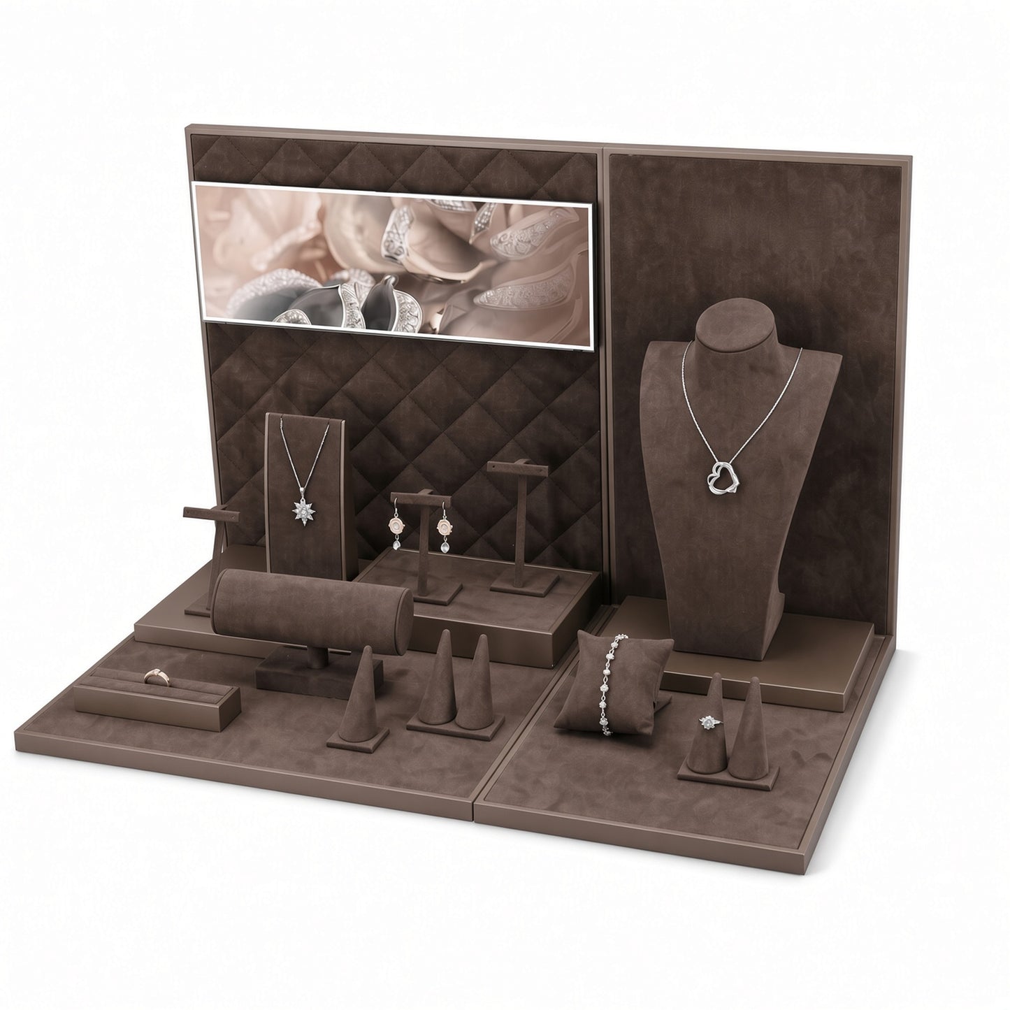Custom Brown Quilted-Backdrop Jewelry Showcase Set shown with the full backdrop and coordinated quilted panel, central bust, ring cones, pillows and display boards for configuration review
