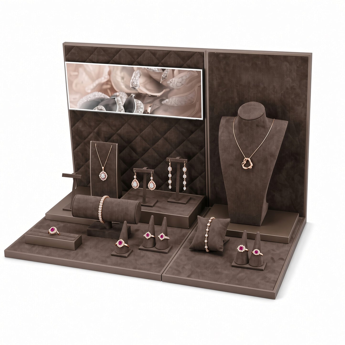 Custom Brown Quilted-Backdrop Jewelry Showcase Set with the full backdrop, styled with assorted necklaces, earrings, rings and bracelets