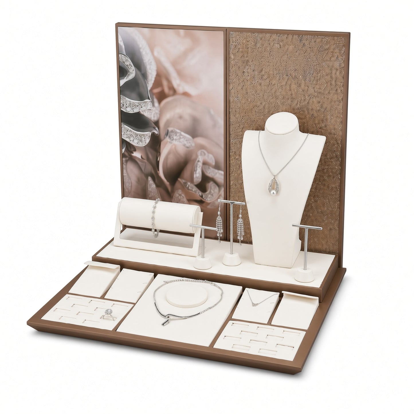 Custom Brown Split-Backdrop Jewelry Display Table Set shown with the full backdrop and coordinated split backdrop, multiple necklace busts, bracelet roll, T-bars and broad trays for configuration review